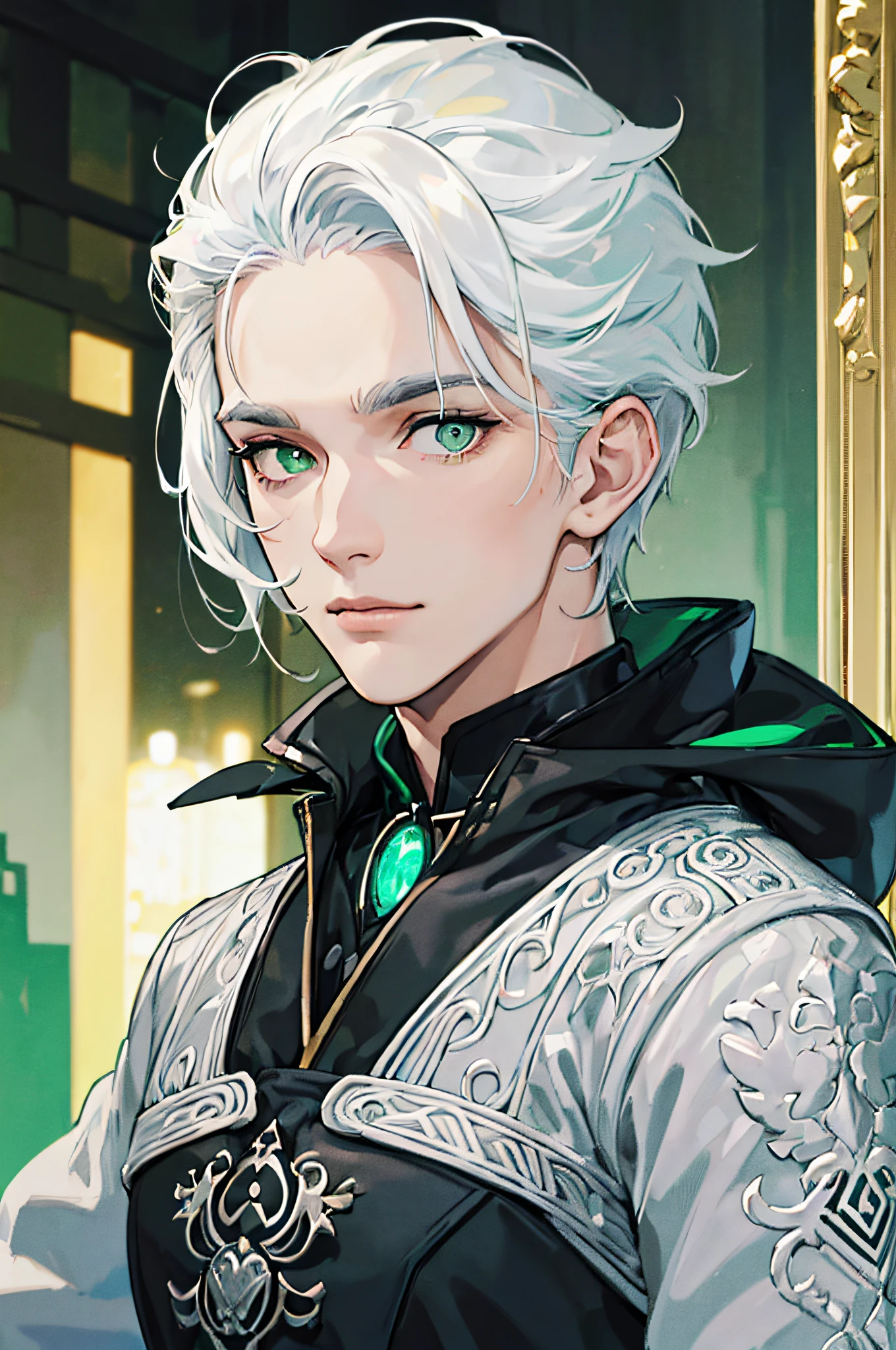 ((Meisterwerk)), (((best quality))), ((Extrem detailliert)), bunt, HDR, ((one man)), nur, black and white hair, green eye, leuchtende Schmetterlinge, Nacht