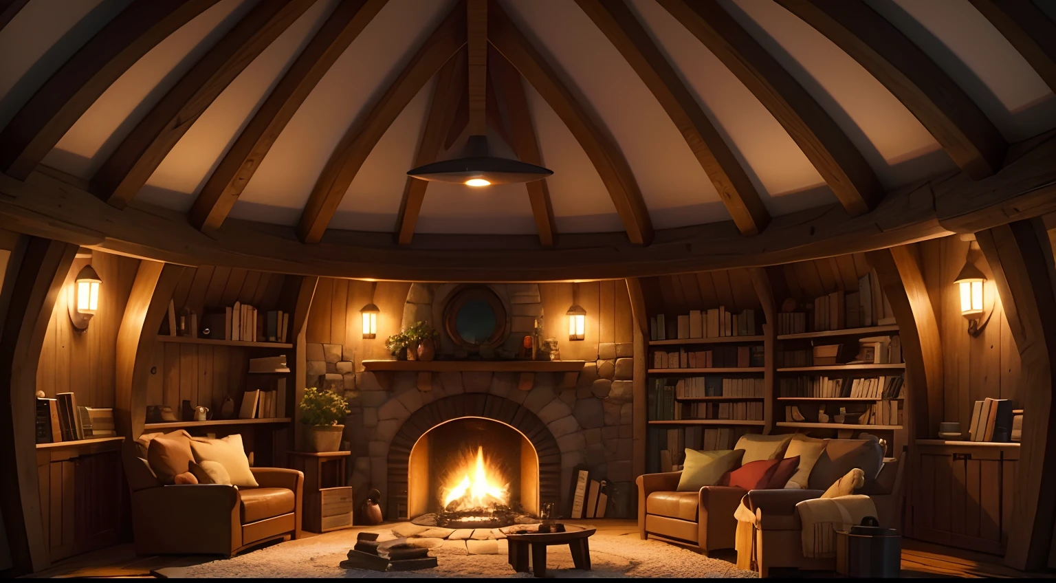 a cozy hobbit house at night, interior with rounded fireplace,with rounded windows, theres a cozy bookshelf full of books, a cozy coffee can and a coffee cup, a pile of firewood