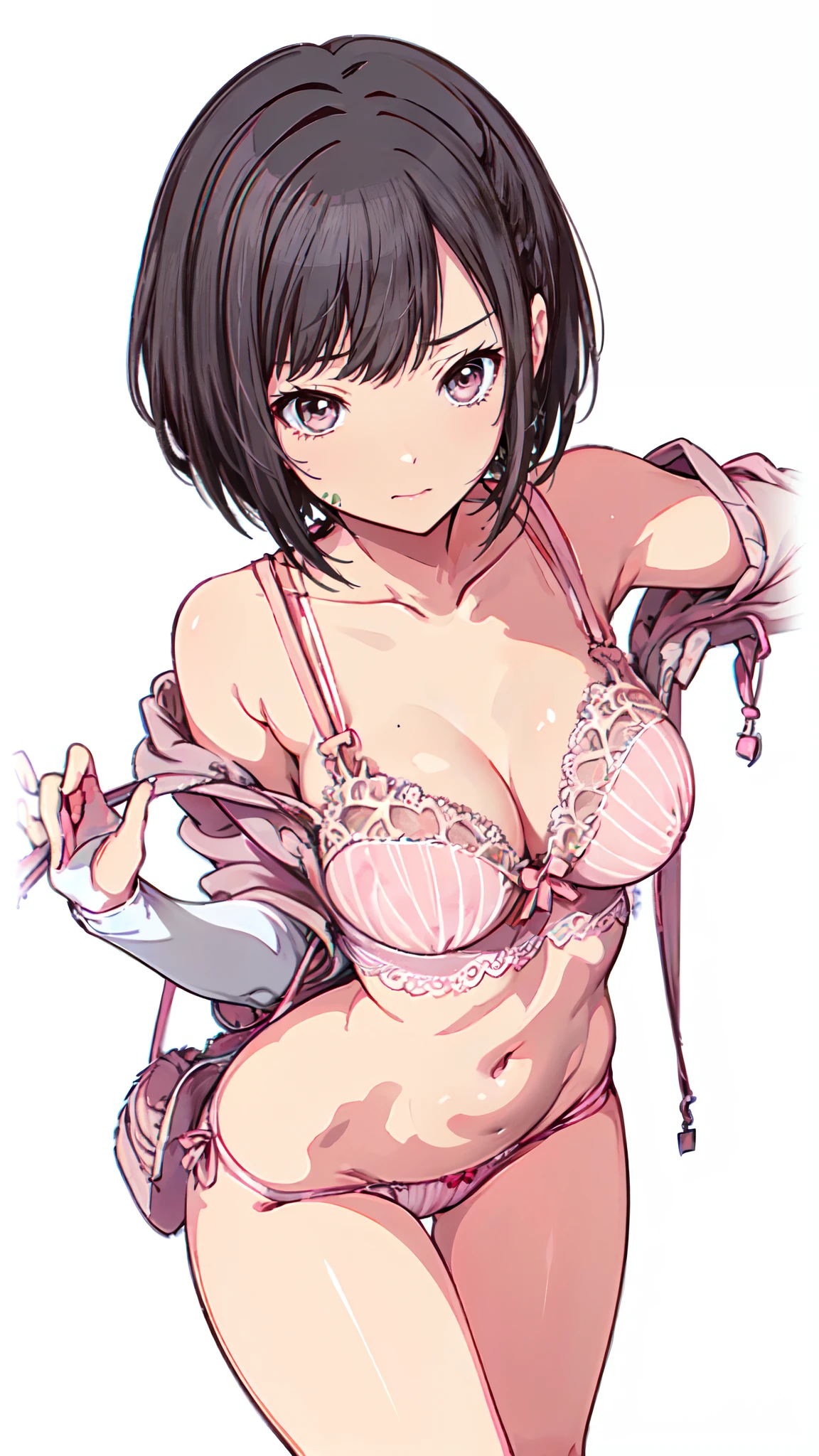 (Light pink bra　Light pink string panties　Underwear about to take off　provoking　Gravure Pose　Very detailed down to the smallest detail　clear outlines　Beautiful face　Beautiful skin)  thin-waist　A slender　ribbed　skinny limbs　teats　cleavage of the breast　Beautiful breasts　a short bob　Uterine mouth　Beautiful fingertips　Pink Nails　Anime style