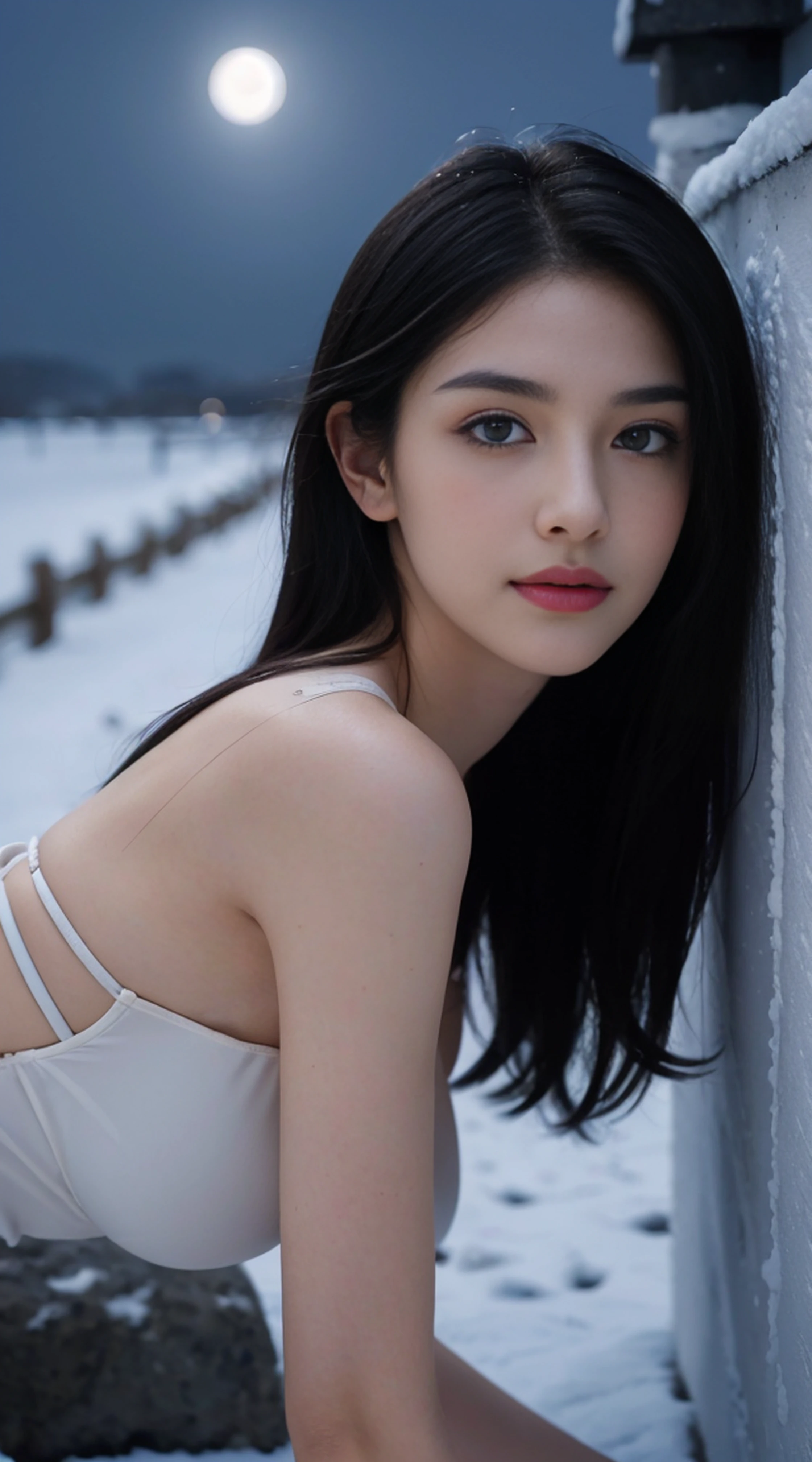 8K, Top Quality, Intricate Details, Ultra Detail, Ultra High Resolution, Masterpiece, random angle, Slender, Smile, (Makeup: 0.4), (Fluffy Blue Eyes: 1.21), blue Eyes,, ((full body)), 1girl, solo, 1 girl, (( full body)), close-up shot, sitting, on side , , ((tall)), (((fit body))), (((slim face))), sharp face, sharp eyes, (((black hair, long hair, high ponytail )) (detailed face), sharp face, small lips, thin lips,
(( )), detailed face, detailed breasarge breast, det Beautiful girl with accentuated slender abs: 1.4, Six Pack Abs: 1.4, Bust Botox, Big, Perfect Body, detail leg, (( moonlight)), top of mountain