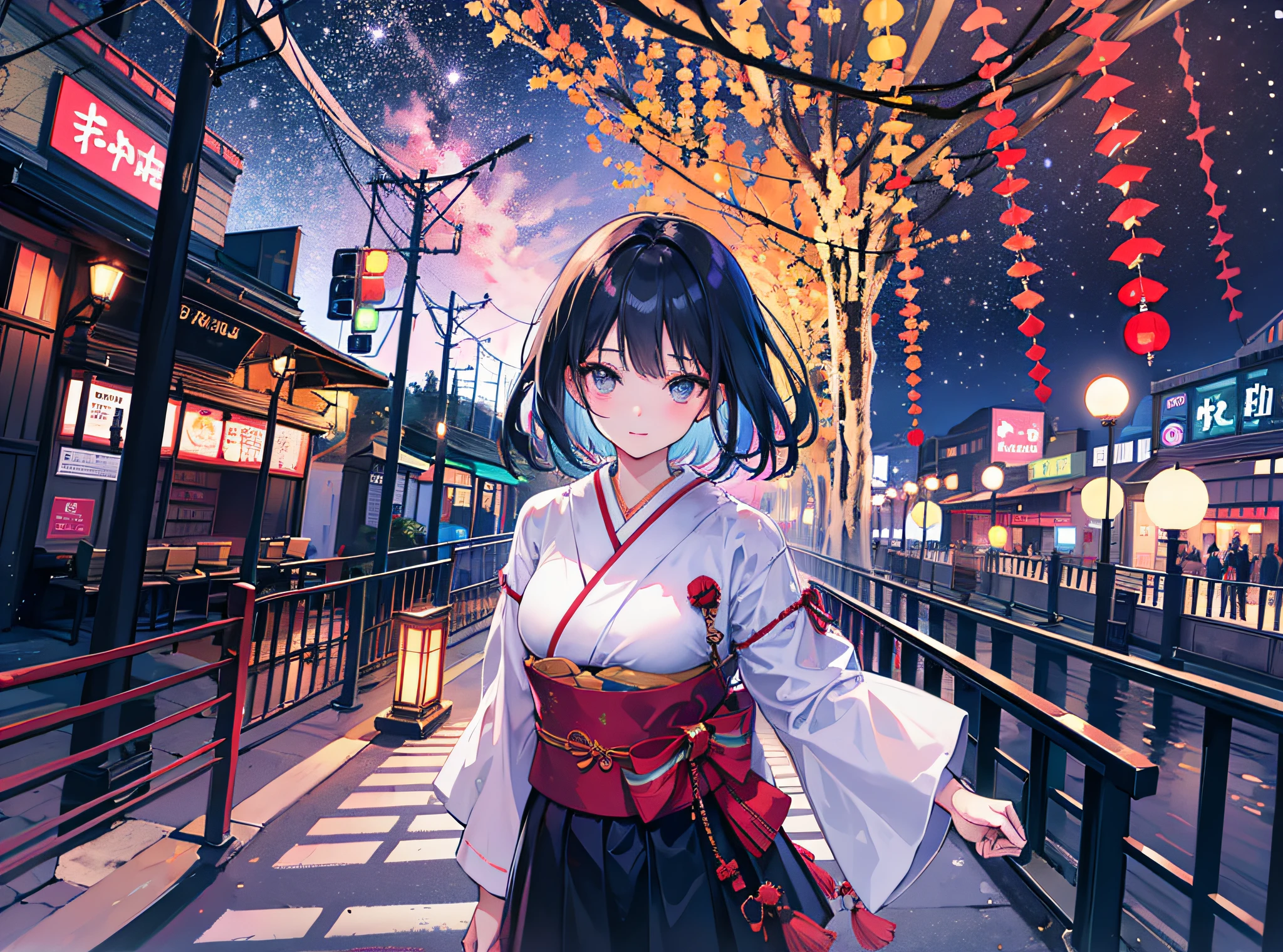 (Realistic painting style:1.0), Masterpiece, Best quality, absurderes, comic strip, illustration,
1 girl, medium hair, cute girl, young and cute girl, japanese girl, {Breasts},
a girl standing on a bridge with lights in the background, with short hair, in tokyo, in tokyo at night, in carnival, carnival, carnival during the Lantern Festival, Lantern Festival, at night, there are many lights in the sky