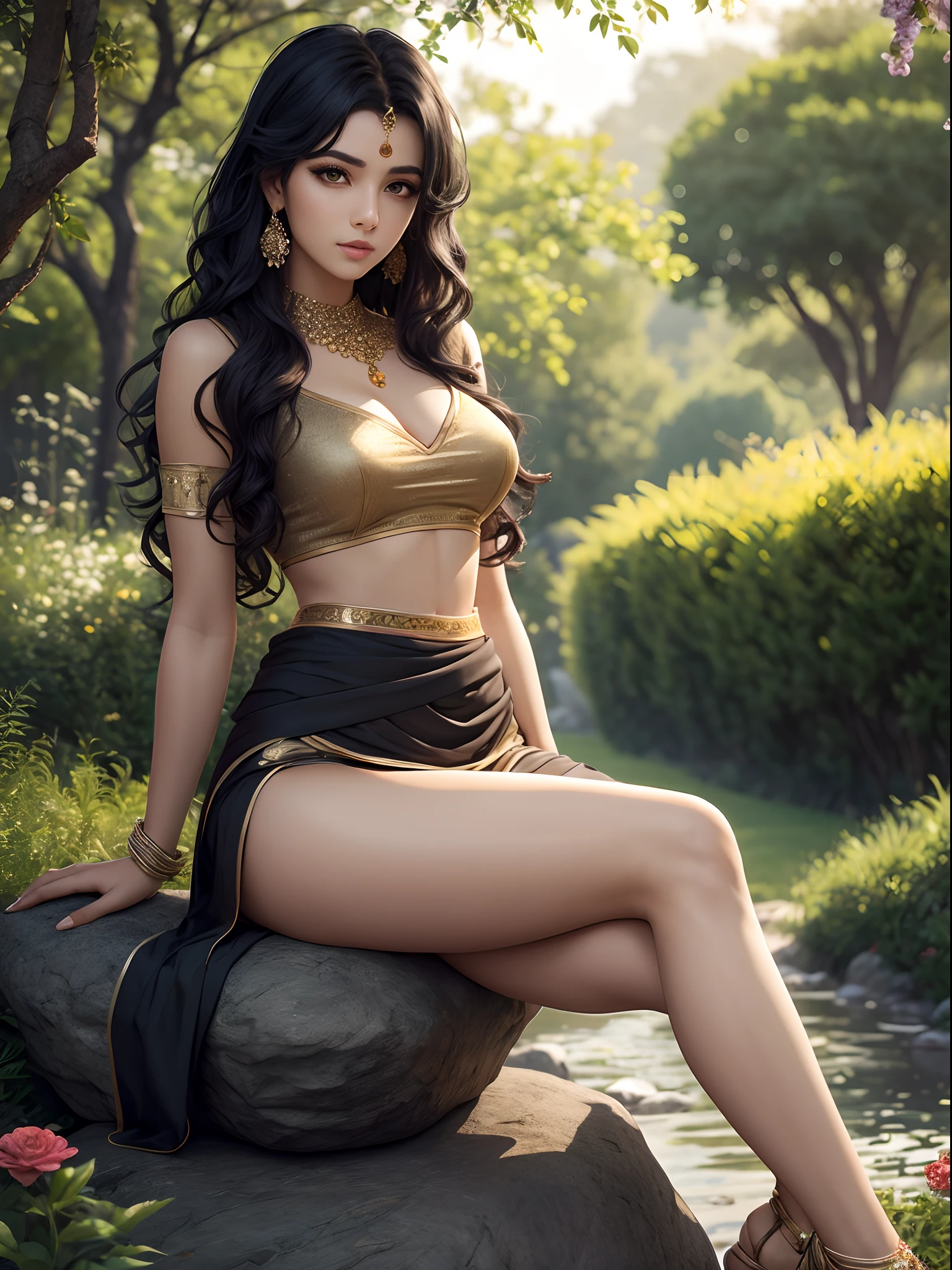 Beautiful girl, black wavy hair, wearing indian traditional dress, sitting on rock on a garden , beautiful flowers and tress in background, 8k, ultrarealistic, high details, high texture, waist, leg, thighs, jewelry on waist, seductive, sexy look