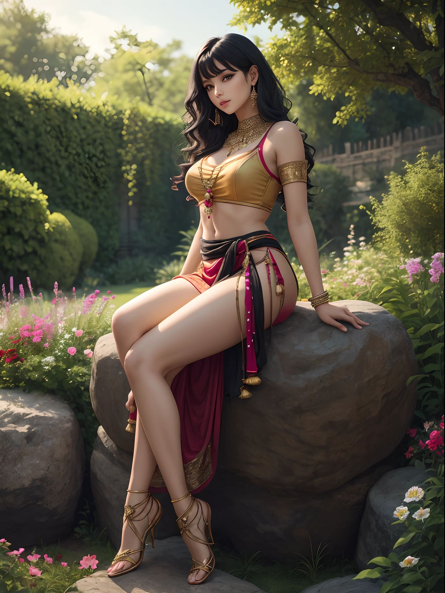 Beautiful girl, black wavy hair, wearing indian traditional dress, sitting on rock on a garden , beautiful flowers and tress in background, 8k, ultrarealistic, high details, high texture, waist, leg, thighs, jewelry on waist, seductive, sexy look