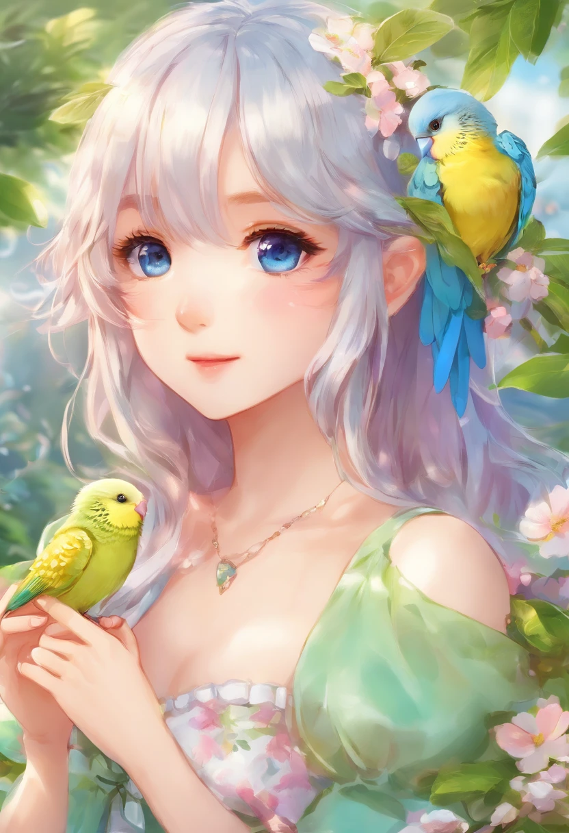 Best Quality,4K,8K,hight resolution,masutepiece:1.2),Ultra-detailed, in a house、Blue-feathered budgie、Budgerigars are singing、With a beautiful song、Round and cute black eyes,Beautiful detailed eyes,Sparkling eyes,Highlighted eyes,Soft blue eyes,Portraits,Subtle tones,Soft lighting