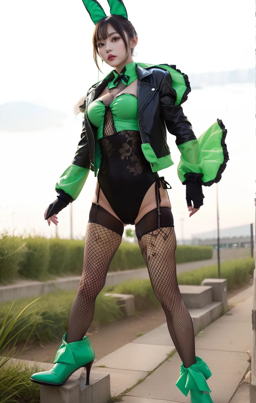 Leotard style、Greenish fishnet stockings、Idol in green bunny girl fashion、large full breasts、Beautiful legs、Good Style、、、Cute Bunny Suit、Cute look、Long Bunny Girl Year、large hips、Colorful hair、Black Black Long Jacket、Black fishnet stockings