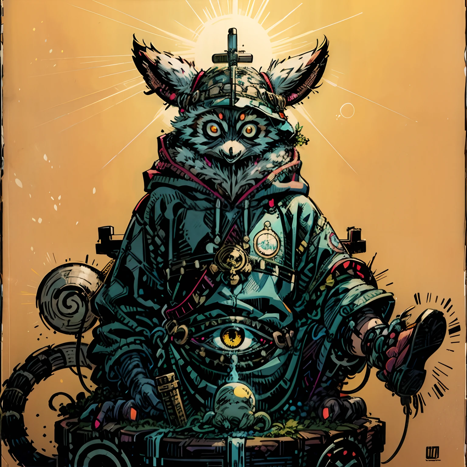 comics LEMUr shaman, by Katsuya Terada, HD, manga, toon avatar,shaman LEMUR, Katsuya Terada STYLE, POKEMON STYLE, LEMUR, YELLOW EYE, shamann, SNAKE skin ARMOR, SCALEs,LEMUR, YELLOW EYES, muppet, simple, stialized, chubby, , manga, contrast, full body dynamic poce, gear, goggles, hood, by Katsuya Terada, clean, compact, simple