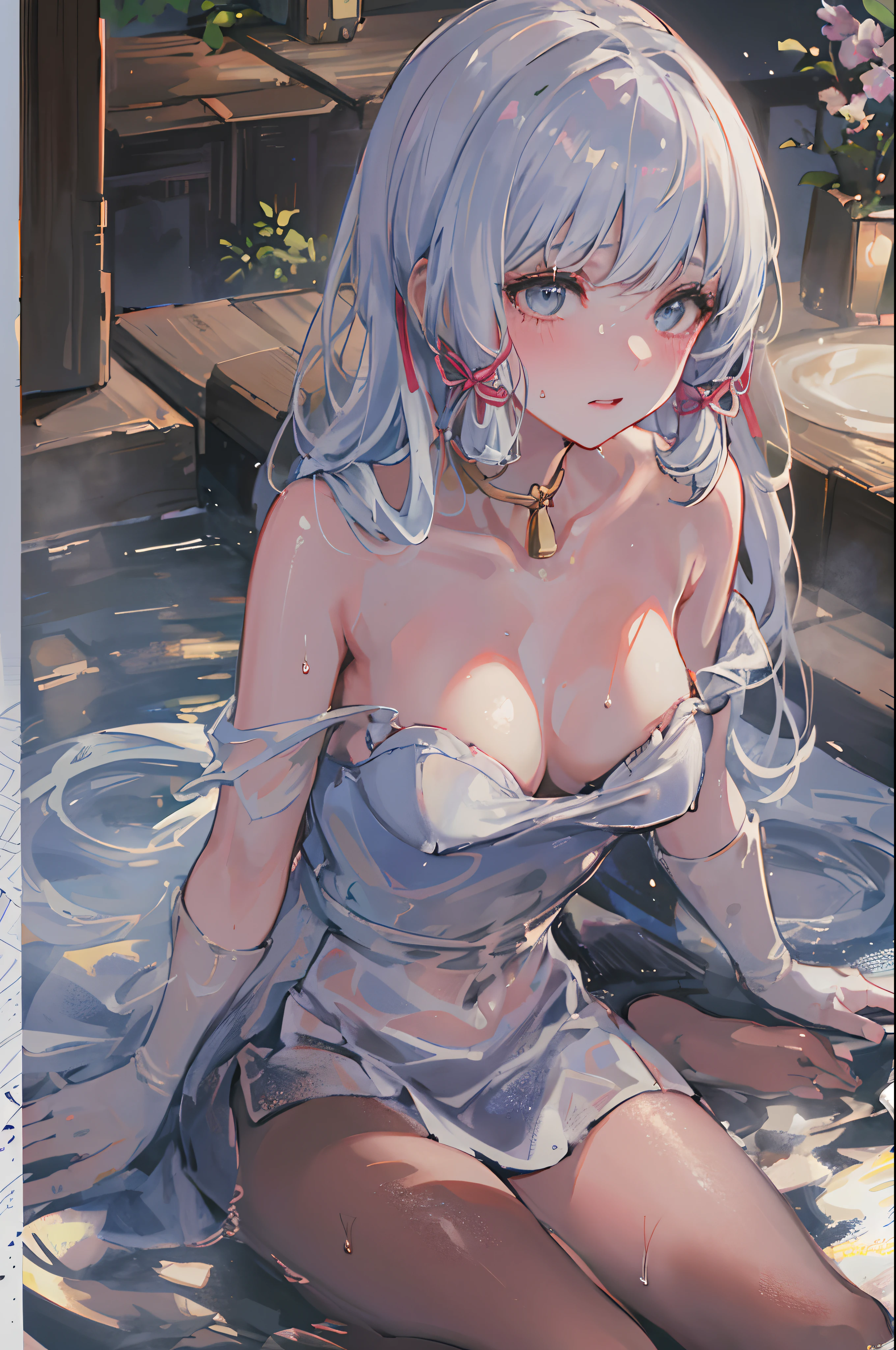 ((beautiful lighting, Best quality, 8K, Masterpiece: 1.3)), 1girl, Perfect body beauty: 1.4, elegant pose, Sweaty + wet skin,((white hair)), (White dress: 1.4), (Bathing gown), (Over the knee white stockings: 1.5), (onsen , night: 1.1), (Hot water bath), Soak, Super Fine Face