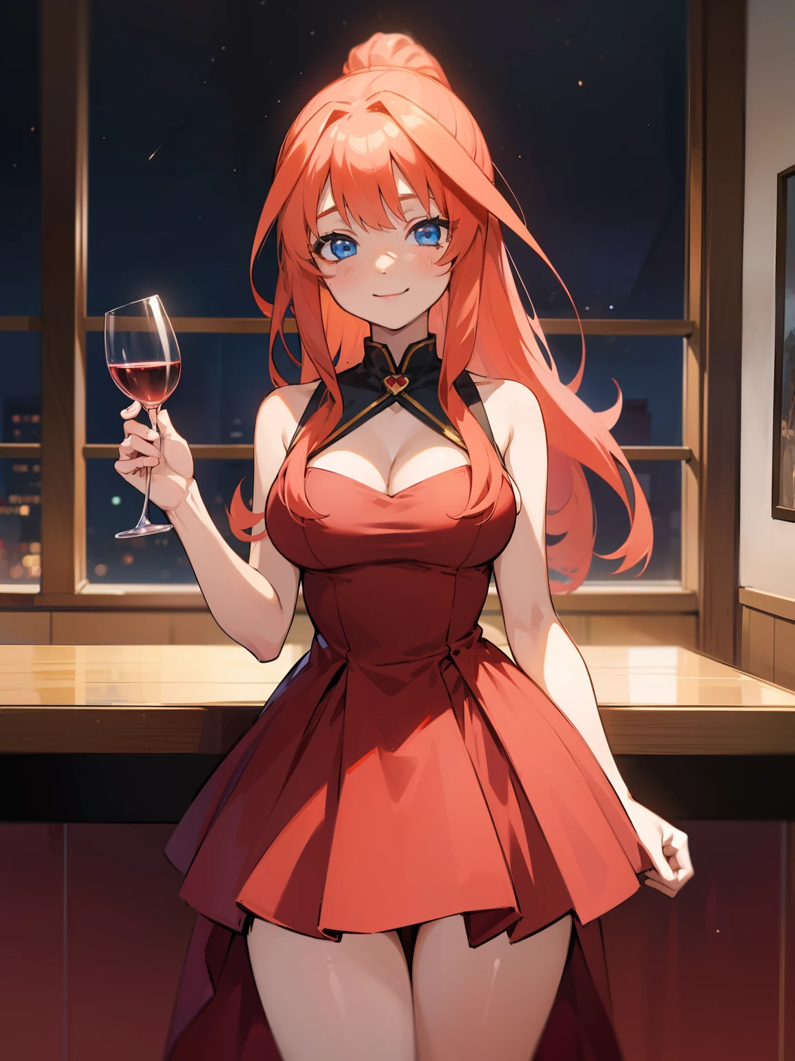 1girl, Anime girl with long hair, anime moe art style, Anime visuals of cute girls, Anime Best Girl, itsuki nakano fanart, pretty anime girl, Smooth Anime CG Art, Seductive Anime Girl, charming anime girls, Cute anime girl, Shining eyes, big boobs, (((((at the dinner table))))), ((looking at viewer)), (((((indecent smile))))), close up, red hair, blue eyes, ((((revealing clothes)))), (paris), (((fancy restaurant))), glass of wine, cleavage, (((red dress))), ponytail, golden earings, people, candle lit, ((((gala)))), night, sleeveless
