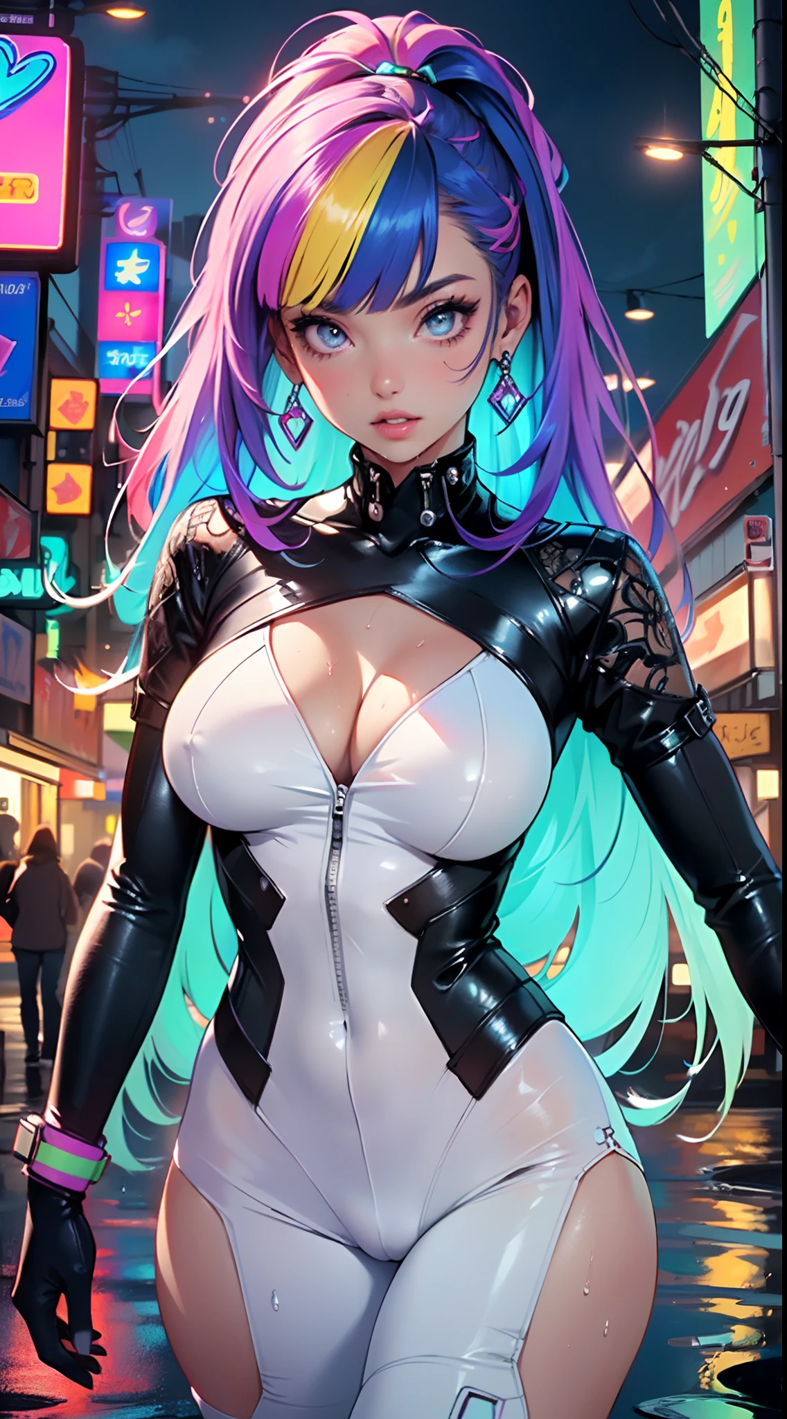 cyberpunk girl,(((1girl))),((cute and beautiful rainbow haired girl)),
(large breasts:1.4),saggy breasts,mane,((multicolored_hair:1.3)), ((rainbow hair:1.3)),((hair bangs:1.3)),((hair with the seven colors of the rainbow:1.3)),((straight hair:1.3)),((very straight hair,very_long hair:1.5)),((The beauty of extra-long hair)),((Super Long Straight Hair)),((bangs)),(((neon rainbow eyes:1.3))),intricate eyes,beautiful detailed eyes,symmetrical eyes,((fat)),(((lustrous skin:1.5,bright skin: 1.5,skin tanned,shiny skin,very shiny skin,shiny body,plastic glitter skin,exaggerated shiny skin,illuminated skin,wet legs))),(spider lower abdomen,narrow waist,wide hip,athletic body,inflated legs,detailed body,(detailed face)),
cute,slutty,erotic,((nsfw)),
white pilot suit,white cyber suit,absurdres,Long legs,cleavage,(((wet clothes,intricate outfit,intricate clothes))),
(hypnotized pose:1.0),hypnotized,(centered,scale to fit dimensions,Rule of thirds),
cyberpunk city by the ocean at night, with bright neon signs and dark stormy clouds and puddles, scenery:1.25,
artistic photography,(photography taken by sldr),highres, sharp focus, (ultra detailed, extremely detailed), (photorealistic artwork:1.37),(extremely detailed CG unity 8k wallpaper),((synthwave background theme)),(((vibrant colors))),(intricate background),(masterpiece),(best quality),