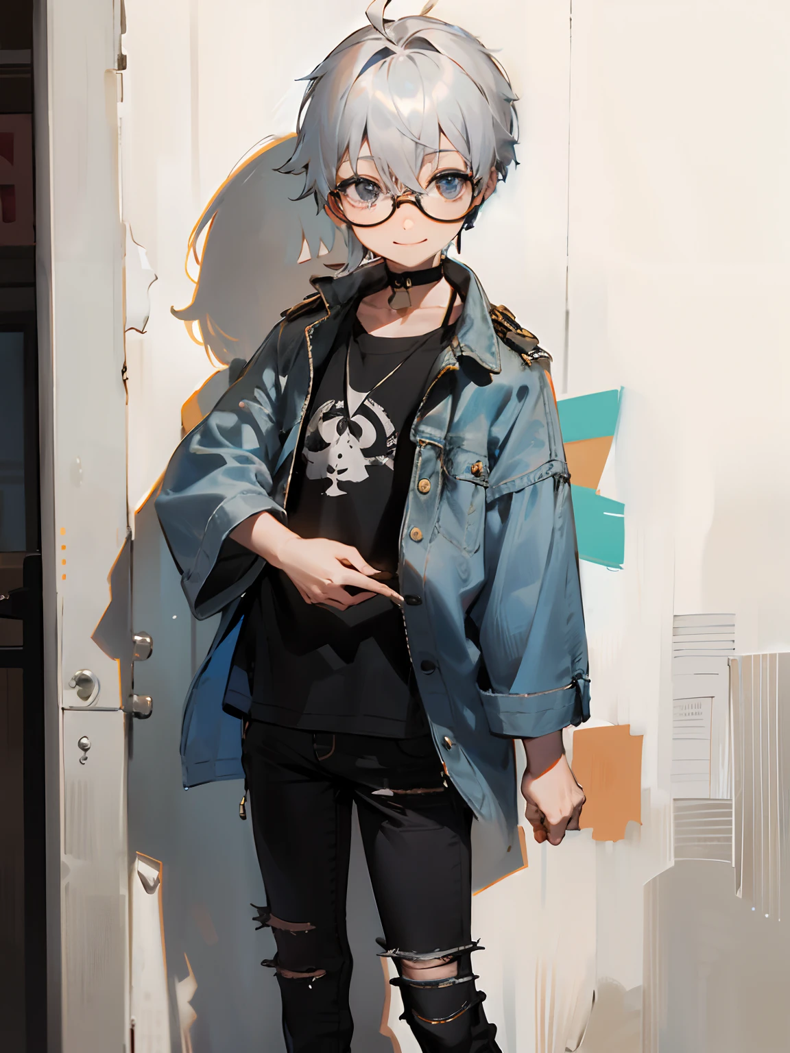 Male child, eye glasses,A smile, silber hair