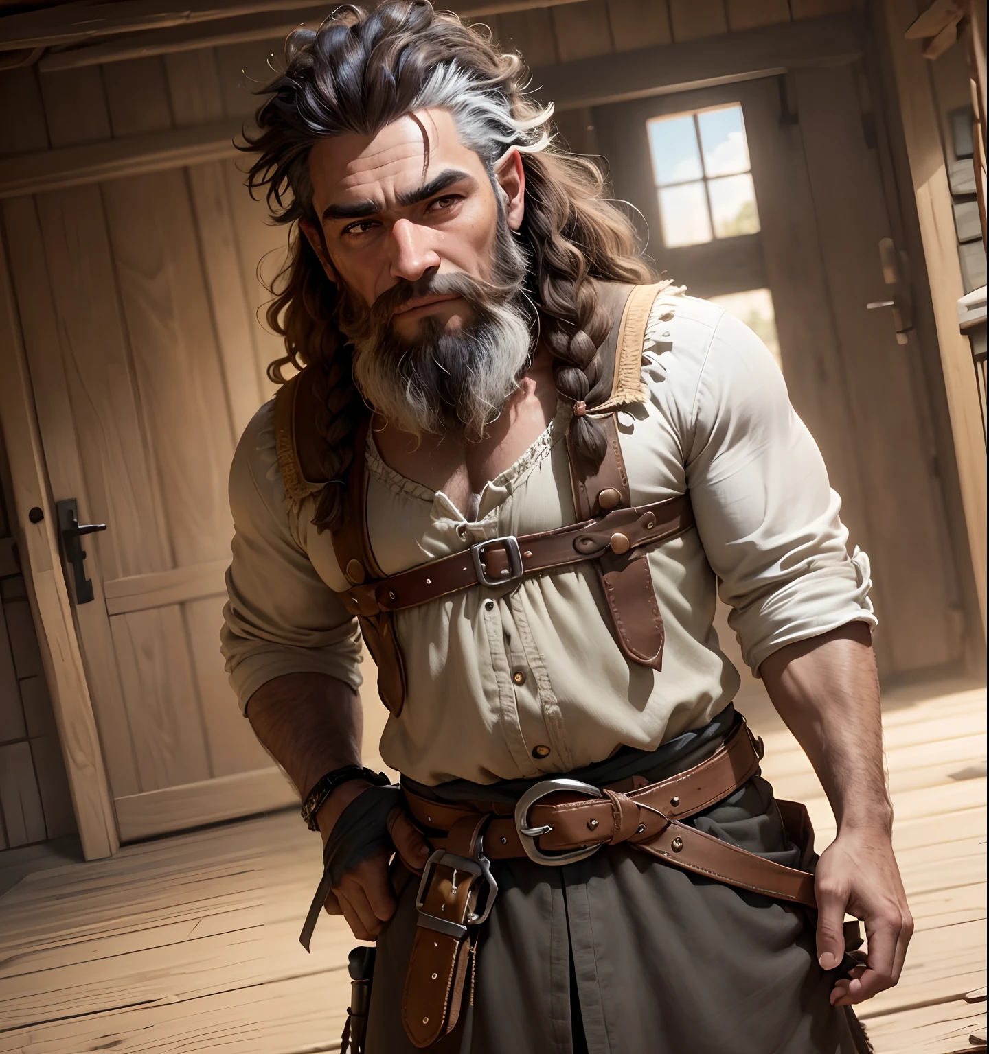 8k, masterpiece, best quality, realistic, higly detailed, cowboy shot, 1male, 1gnome, Aribar lightbottom, solo, small stature, distinctive features, standing at 4 feet tall, lean and wiry build, fair to light tan skin tone, black wild unruly curly hair, large expressive gray eyes, curiosity and a mischievous spark, rosy cheeks, adorned with freckles, slightly upturned nose, inquisitive look, long and luxuriant braided and adorned beard, pointed ears, slave vests