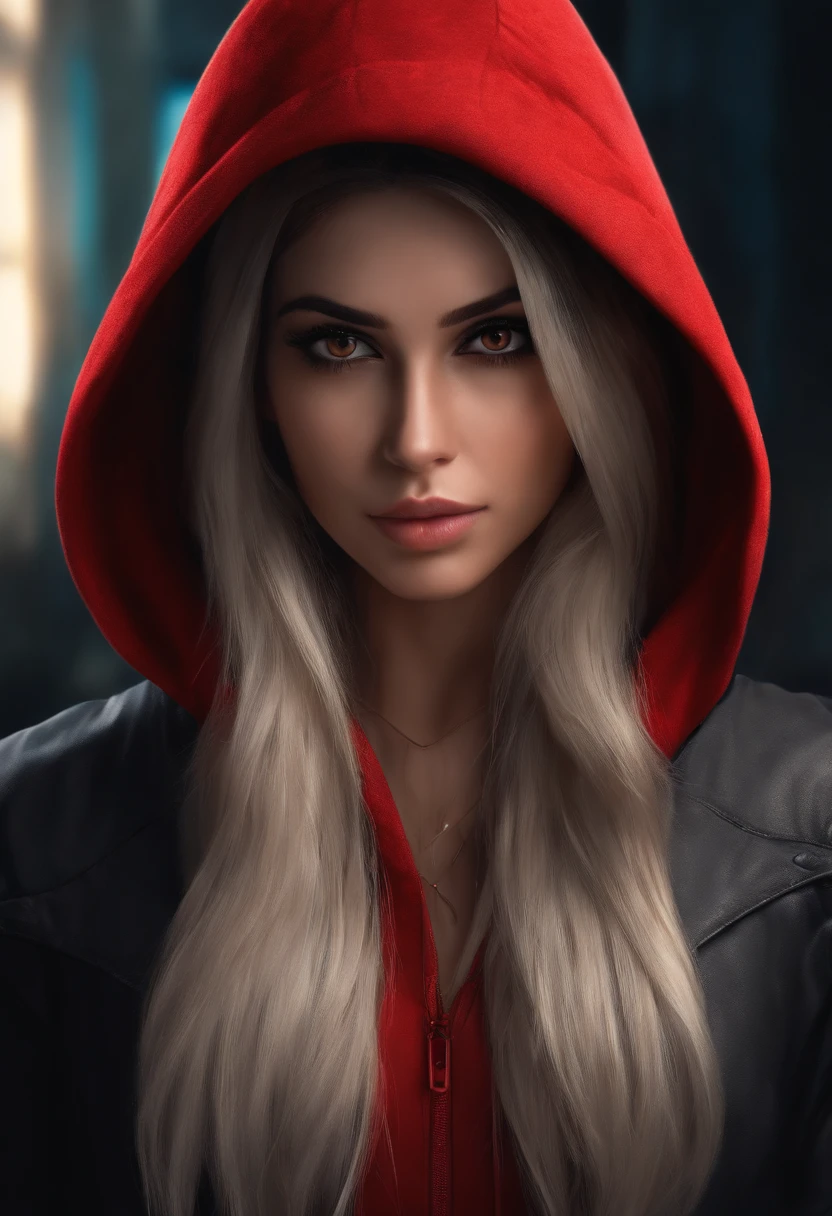 Female hacker, sexy girl with brown eyes, super realistic, detailed, Sophie Mode portrait, black hat and big eyes, medium to large breast, red hoodie