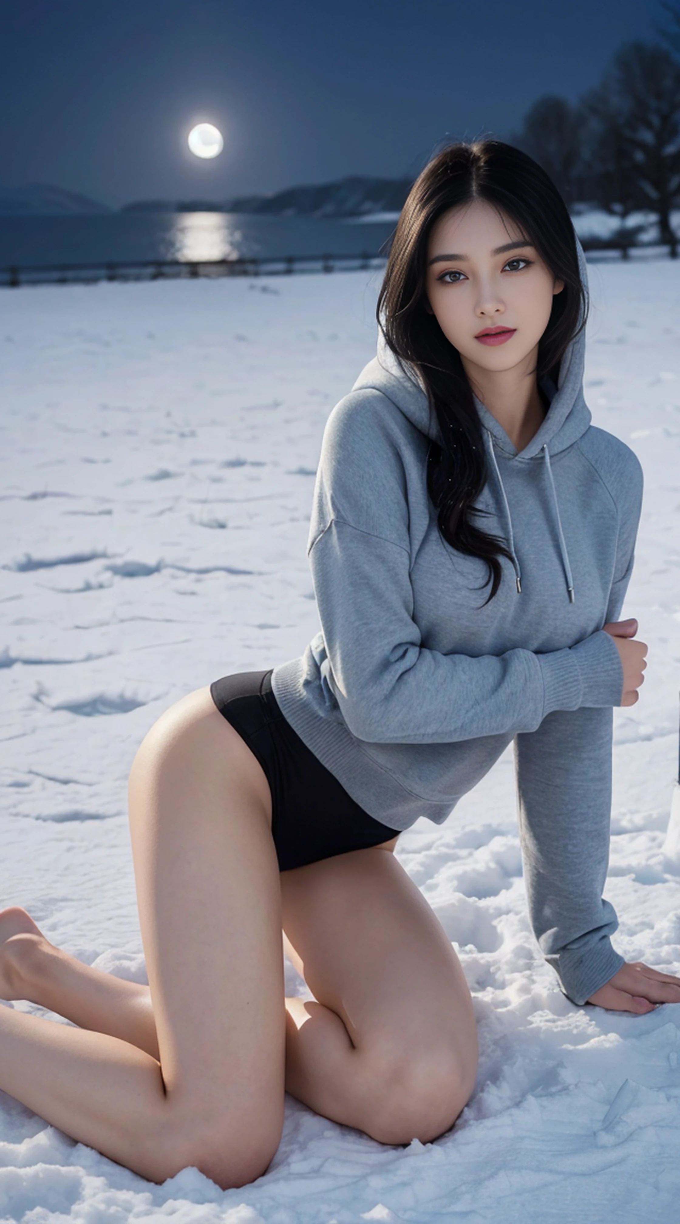 8K, Top Quality, Intricate Details, Ultra Detail, Ultra High Resolution, Masterpiece, random angle, Slender, Smile, (Makeup: 0.4), (Fluffy Blue Eyes: 1.21), blue Eyes, looking at viewer, ((full body)), 1girl, solo, 1 girl, (( full body)), close up shot, , ((tall)), (((fit body))), (((slim face))), sharp face, sharp eyes, (((black hair, long hair, )) , (detailed face), sharp face, small lips, holding pistol, handgun,
(( )), ((, hoodie )), detailed face, detailed breast, , large breast, detail ass, , Beautiful girl with accentuated slender abs: 1.4, Six Pack Abs: 1.4, Bust Botox, Big, Perfect Body, detail leg, (( moonlight)), in the snow