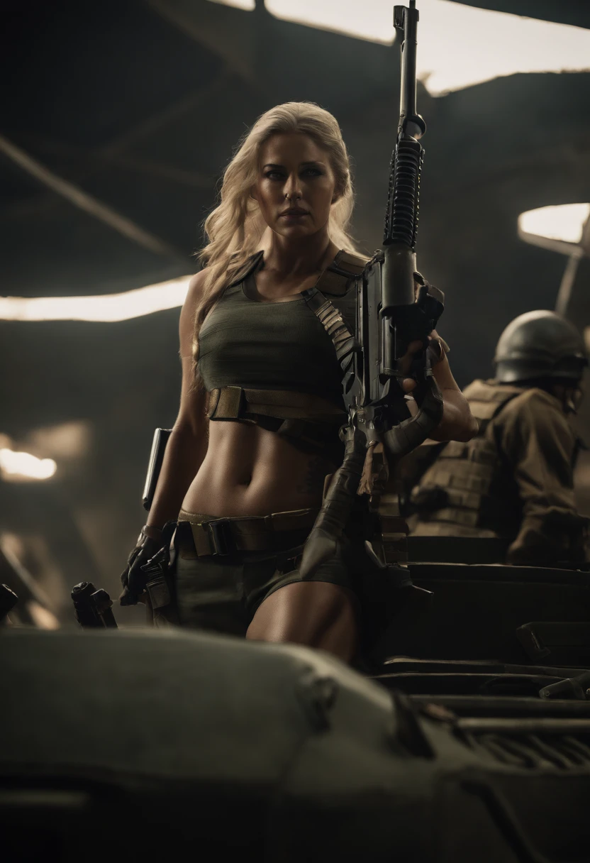 Gere uma imagem da personagem Mara, also known as 'Mara Death Dealer', do jogo Call of Duty: Guerra moderna.  corpo inteiro, fisionomia cruel, Micro Bikini Uniforme de Batalha, cor vermelha e preta, Detalhes em ouro, na praia, sol poente, palmeiras, corpo escultural, flowing hair, metralhadoras, Armas, Fuzil AK-47, Granadas, gold accessories)) Standing in a tank