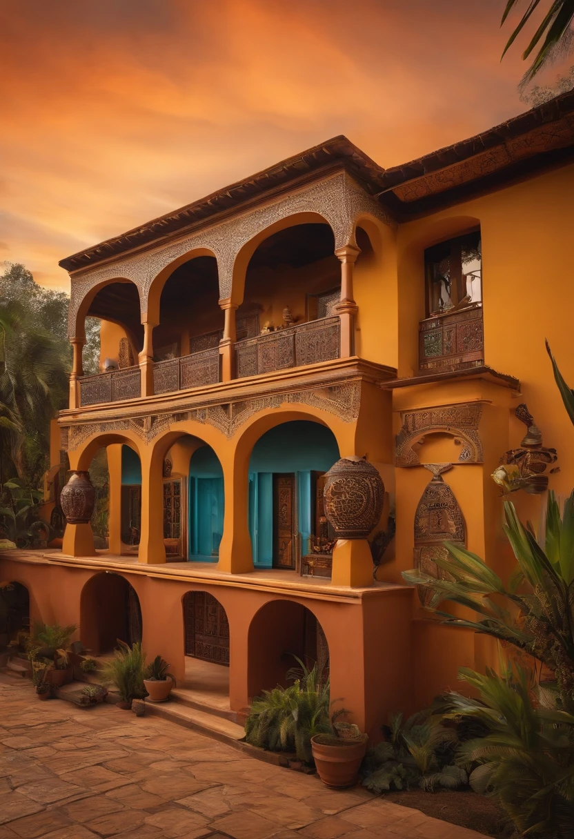 Casa estilo modernista, feita de terra, with African symbols and textures