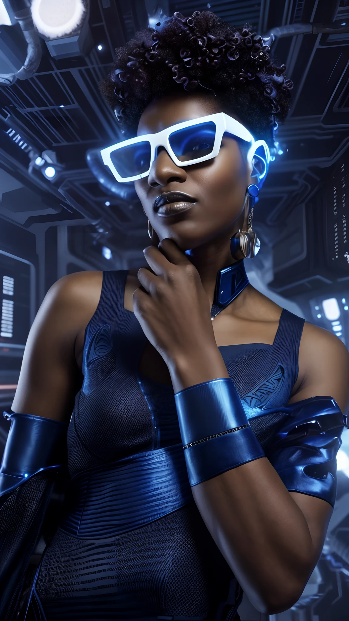 8k, ARTISTIC photography, best quality, masterpiece: 1.2), (realistic, photorealistic: 1.37`Movie still from johnny mnemonic movie directed by (Robert Longo), (cyber punk Corporate Executive, Black Girl, wearing futuristic one-eyed glasses ), beautiful face, ebony woman ((janelle monae)), over-detailed face, (((big open eyes))), beautiful body, voluptuous, perky breast (( dressed in a Futuristic minimalist couture business dress )), (((over-detailed clothing))), (((the color of the clothes is white))), posing, in a shanty town street as background,