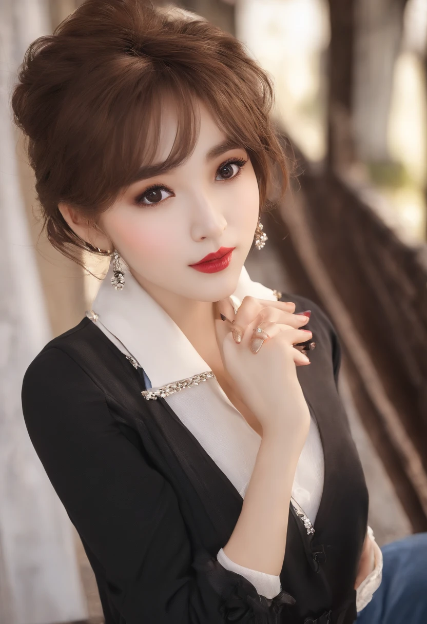 Rolua,, , 1girl, Ahoge, flequillo, falda negra, Black sweater, blue nails, Borrosa, fondo borroso, senos, brown eyes, brown hair, brown jacket, boca cerrada, fechado, tag, Profundidad de campo, Pendientes, lashes, Levantar la mano, head bowing, chaqueta, jewely, Cabello largo, mangas largas, Mirando al espectador, senos medianos, toenail polish, Ropa abierta, Chaqueta abierta, al aire libre, labios fruncidos, Camisa metida, bloqueos laterales, falda, sleeves past wrists, solamente, pullover, Parte superior del cuerpo, cremallera, , , ((Obra maestra)), ,showing boobs, naked, medium boobs