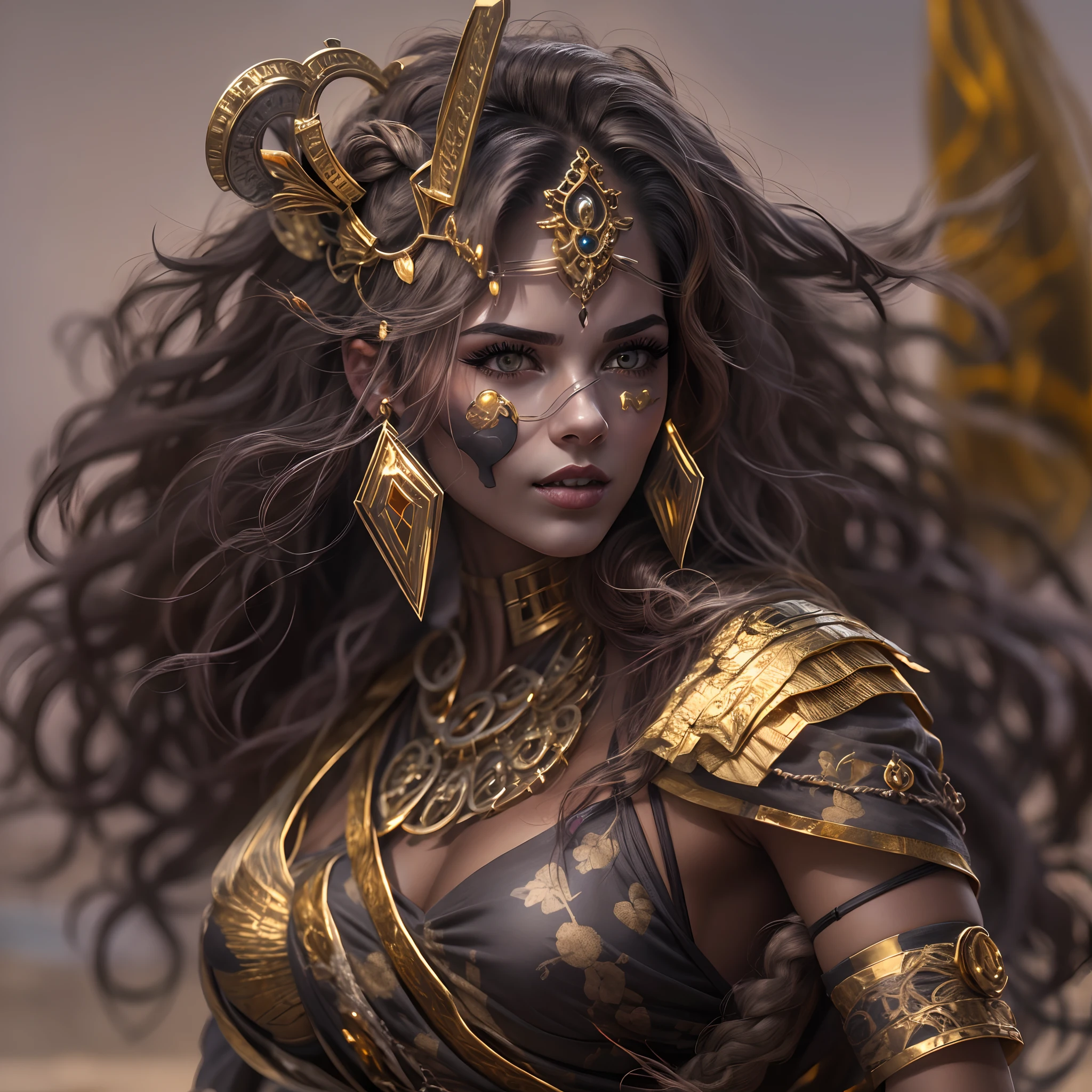 Gere uma imagem da personagem Mara, also known as 'Mara Death Dealer', do jogo Call of Duty: Guerra moderna. corpo inteiro, fisionomia cruel, micro bikini, cor vermelha e preta, Detalhes em ouro, na praia, sol poente, palmeiras, corpo escultural, flowing hair, ((metralhadoras, Granadas, gold accessories)),