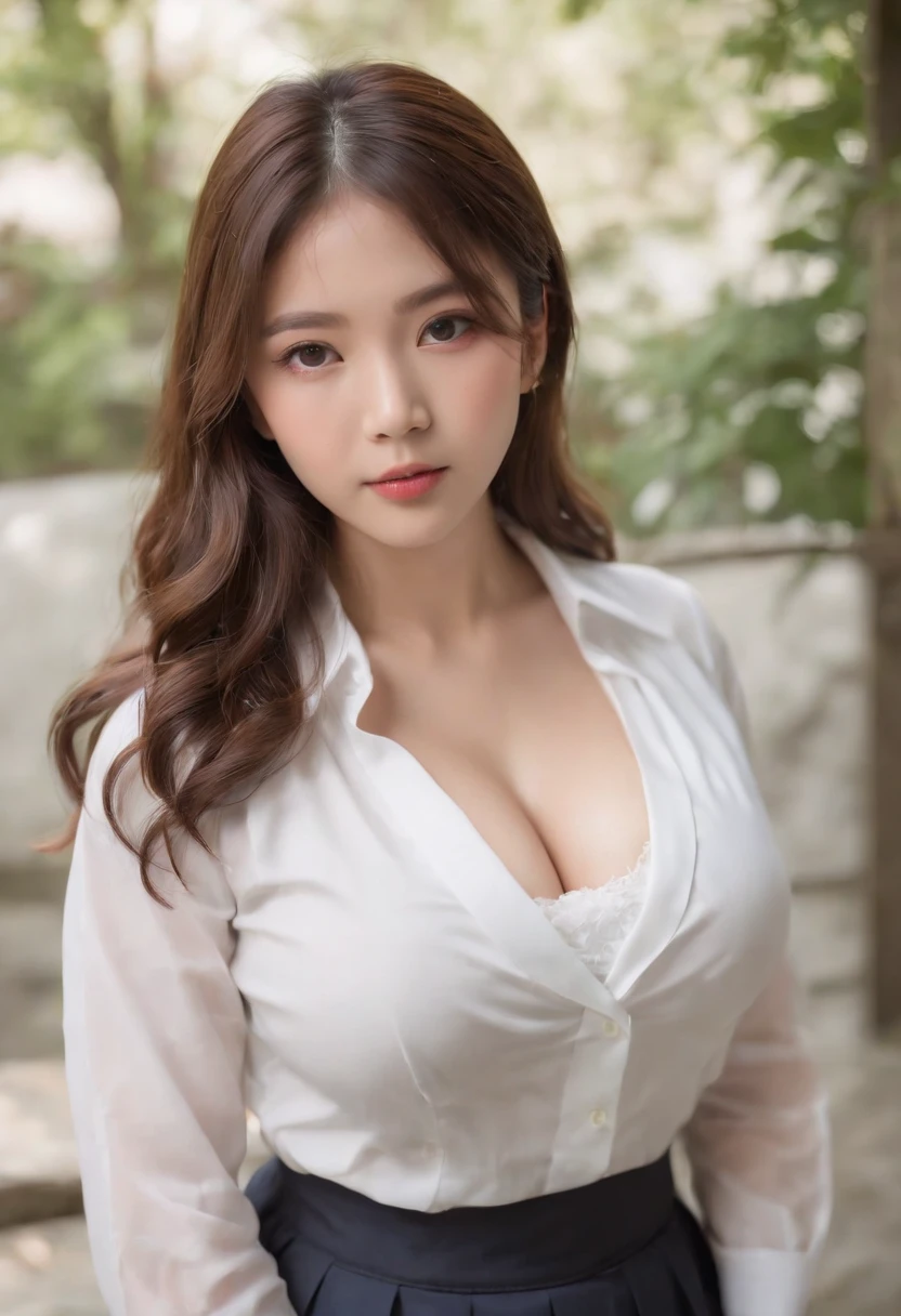 (Best quality,8K,RAW photo,realistic,high resolution:1.2),(Pretty Japanese girl),(Huge breasts, J size:1.25),(voluptuous),(school uniform,pleated skirt,white shirt, open cleavages )