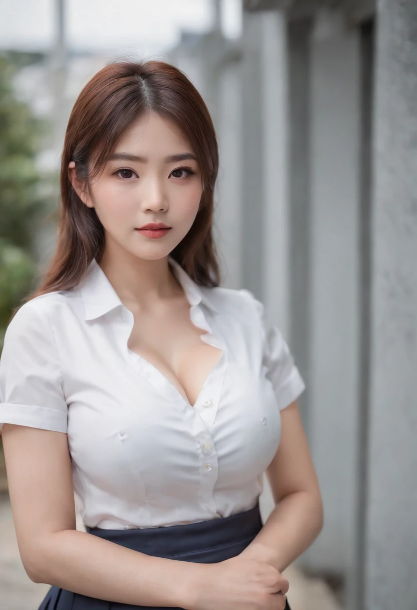 (Best quality,8K,RAW photo,realistic,high resolution:1.2),(Pretty Japanese girl),(Huge breasts, J size:1.25),(voluptuous),(school uniform,pleated skirt,white shirt, open cleavages )