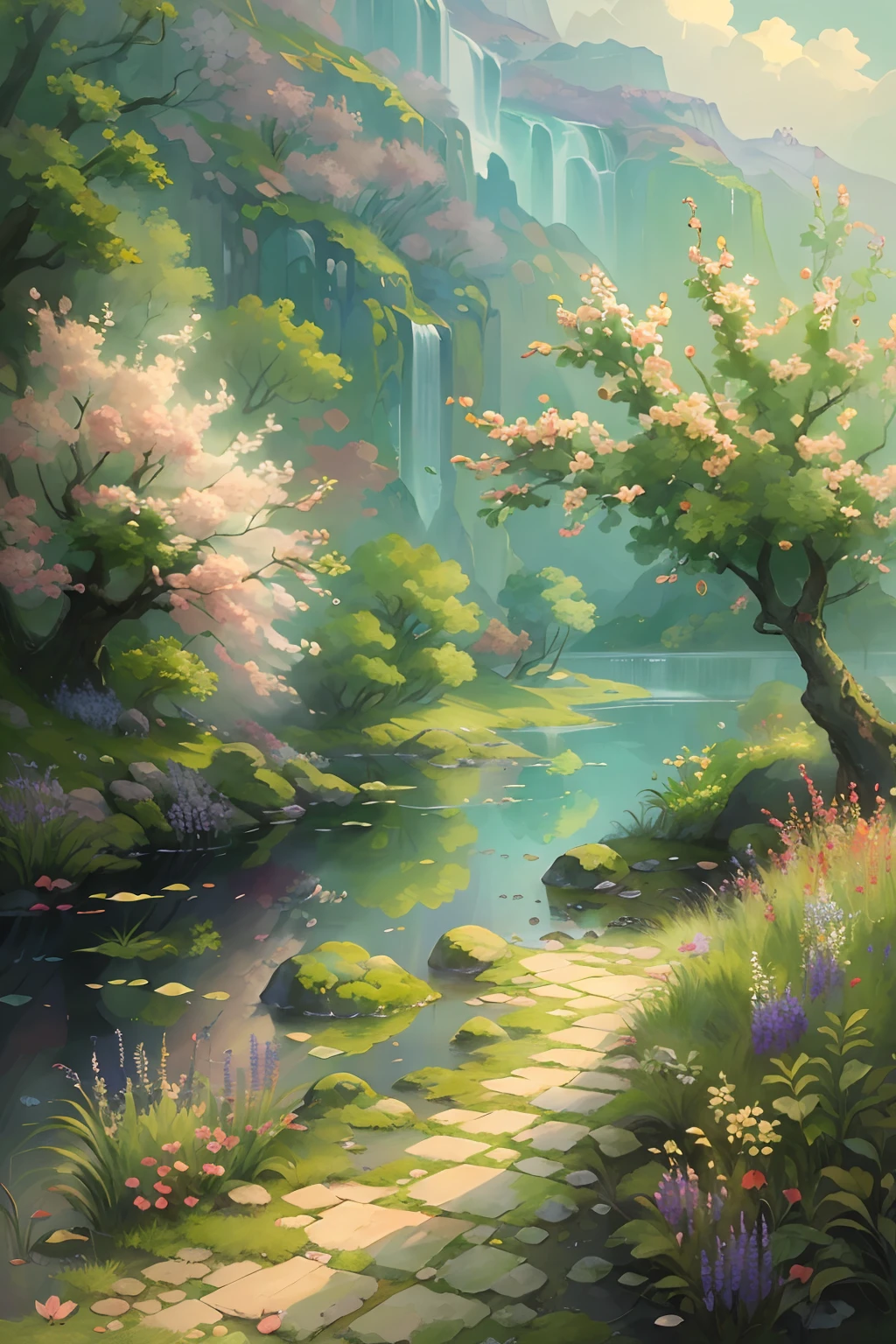 (best quality,4k,8k,highres,masterpiece:1.2),ultra-detailed,(realistic,photorealistic,photo-realistic:1.37),stunning detailed flowers,fragrant blossoms,vibrant colors,serene landscape,natural beauty,calm river,scenic road,traditional painting,soft sunlight,impressionism,pastel tones,delicate petals,subtle shadows,peaceful atmosphere,sublime view,fresh air,lush foliage,harmonious composition,fine brushstrokes,tranquil setting,endless horizon,serenity of nature,sparkling water,inviting path,ethereal beauty,quiet beauty,endless tranquility,nature's symphony,gentle breeze,majestic mountains,awe-inspiring landscape,serene colors,temporal moment,masterful strokes,tranquil riverbank,mesmerizing scenery,moment of serenity,serene silence,whispering leaves.