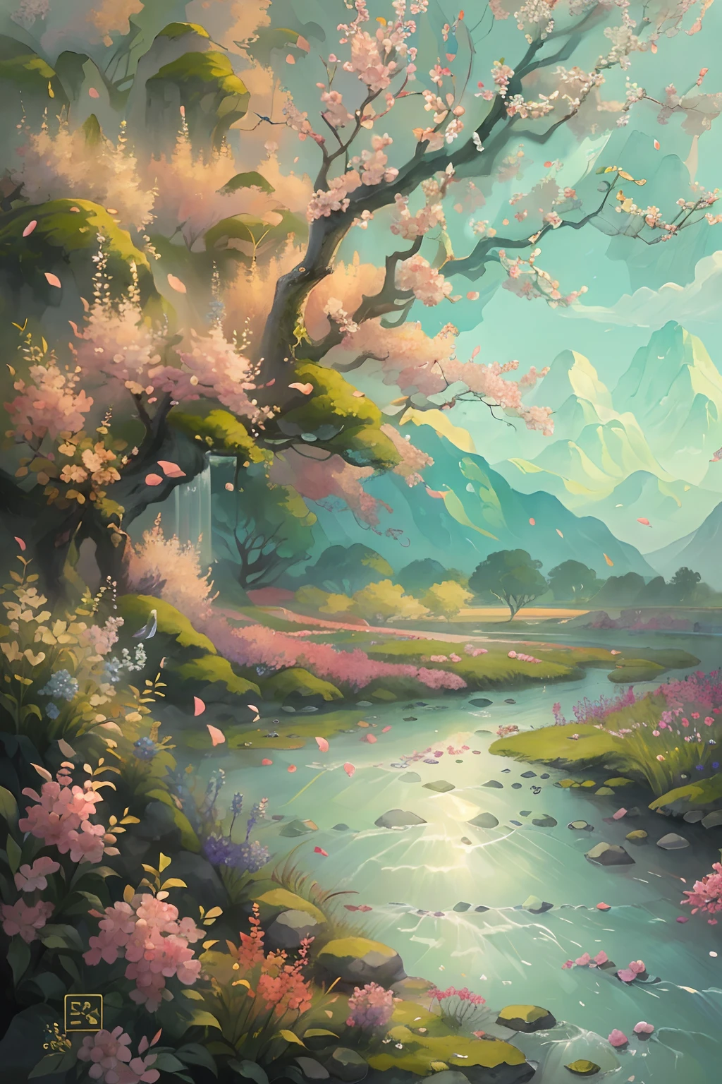 (best quality,4k,8k,highres,masterpiece:1.2),ultra-detailed,(realistic,photorealistic,photo-realistic:1.37),stunning detailed flowers,fragrant blossoms,vibrant colors,serene landscape,natural beauty,calm river,scenic road,traditional painting,soft sunlight,impressionism,pastel tones,delicate petals,subtle shadows,peaceful atmosphere,sublime view,fresh air,lush foliage,harmonious composition,fine brushstrokes,tranquil setting,endless horizon,serenity of nature,sparkling water,inviting path,ethereal beauty,quiet beauty,endless tranquility,nature's symphony,gentle breeze,majestic mountains,awe-inspiring landscape,serene colors,temporal moment,masterful strokes,tranquil riverbank,mesmerizing scenery,moment of serenity,serene silence,whispering leaves.