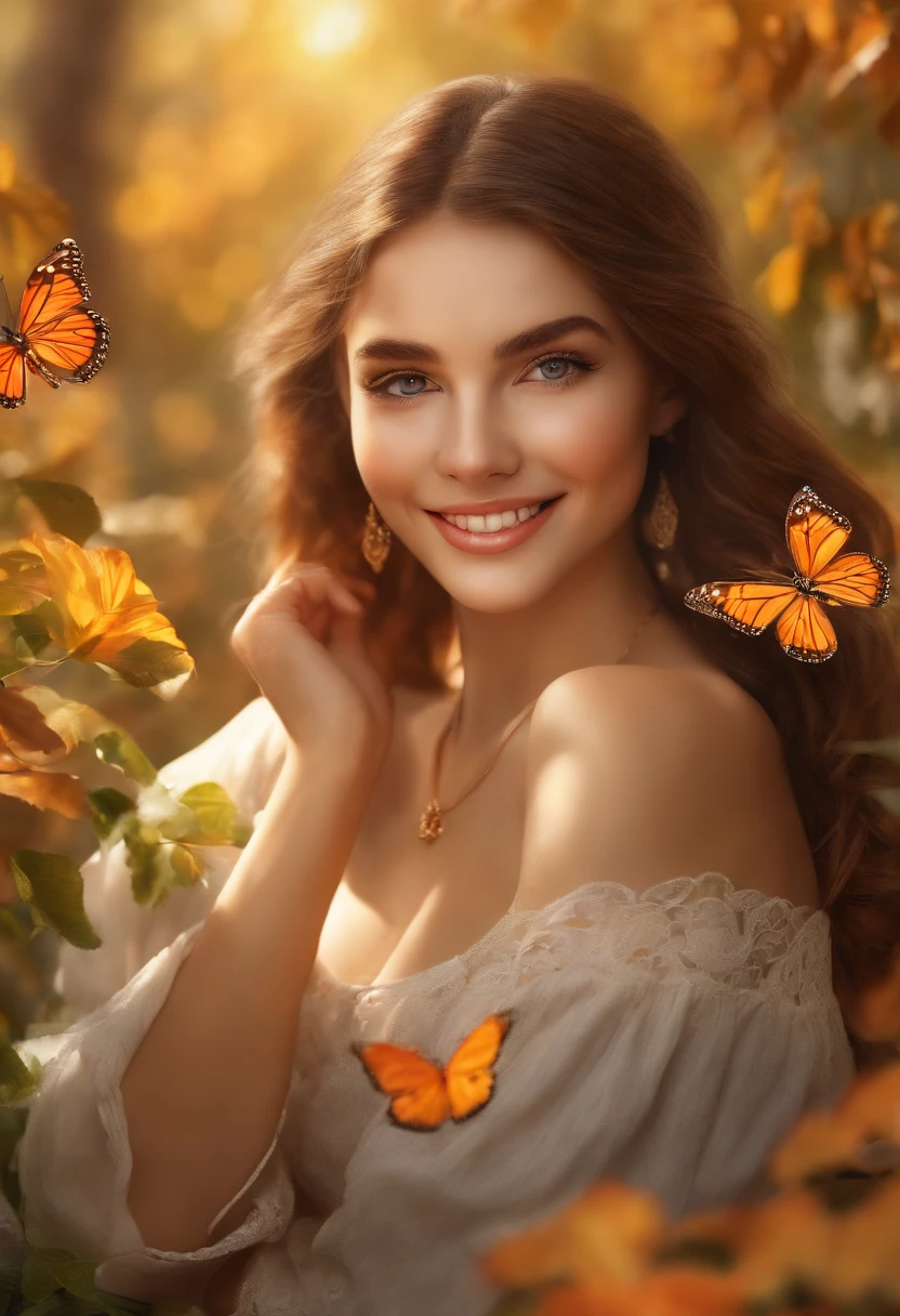 (A high resolution)Girl in the garden,Beautiful detailed eyes,beautiful detailed lips,Extremely detailed eyes and face,long eyelasher,2girls,illustration,Realistic,Autumn colors,vibrant foliage,golden rays of sunlight,light breeze,Picnic blanket,Bouquet of flowers,Colorful butterflies,Festive atmosphere,Joyful laughter,A carefree smile,Happy expressions,Harmonious environment,serene environment,Scenic beauty,Celebrate National Day,Unforgettable memories,Masterpiece:1.2