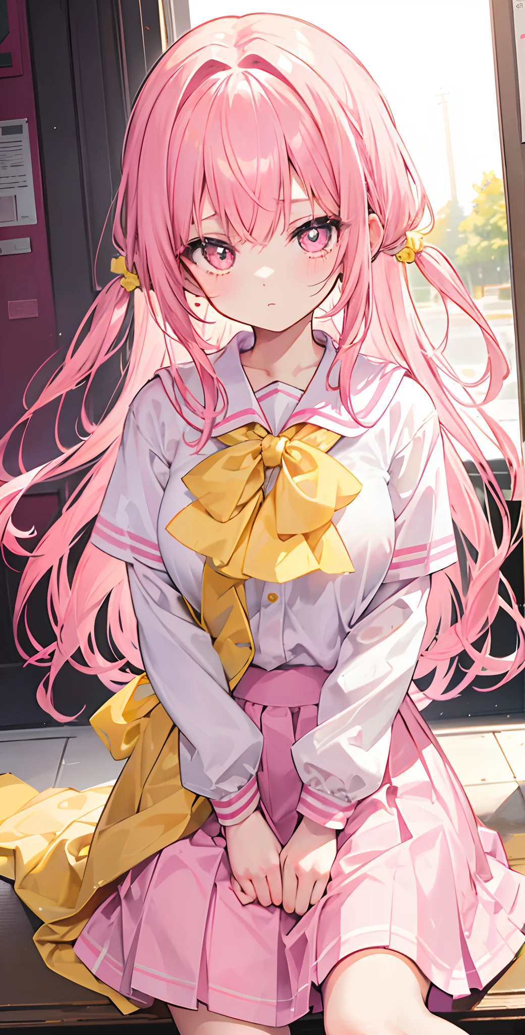 Glowing light pink yellow with hair and pupils,School uniforms in pink, yellow and white,Sweet girl,The whole is shining