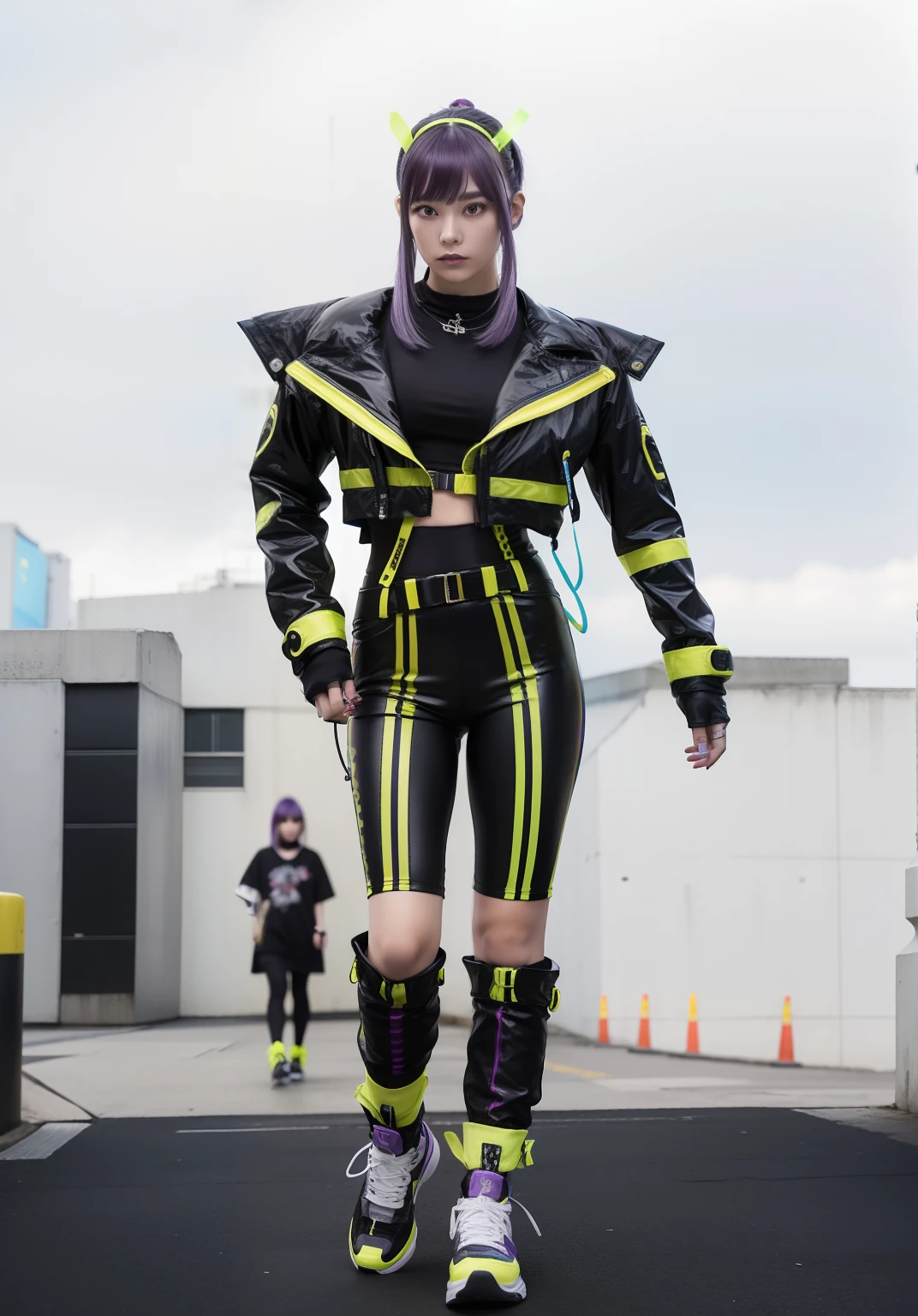Young woman in cyberpunk fashion、、large full breasts、beautiful foot、purplehair、、Good Style、Shiny Light Bluetop、Tight spats、Black jacke（Fluorescent Yellow Line）、tights、hairaccessories