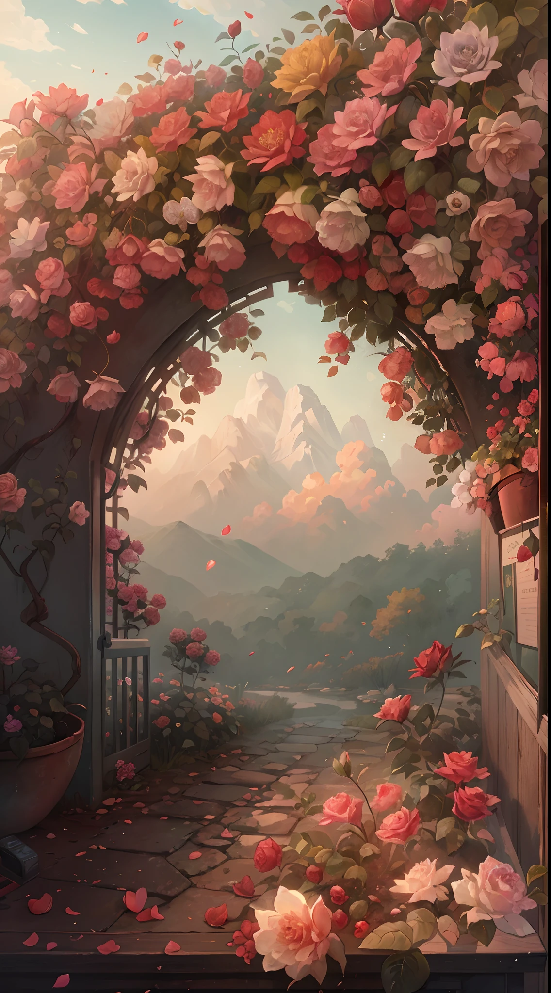 Original，（illustratio：1.1），（best qualtiy），（tmasterpiece：1.1），（the Extremely Detailed CG Unity 8K Wallpapers），（a color：1.2），Rose bushes，rose petals，scenecy，rios|Wagas，