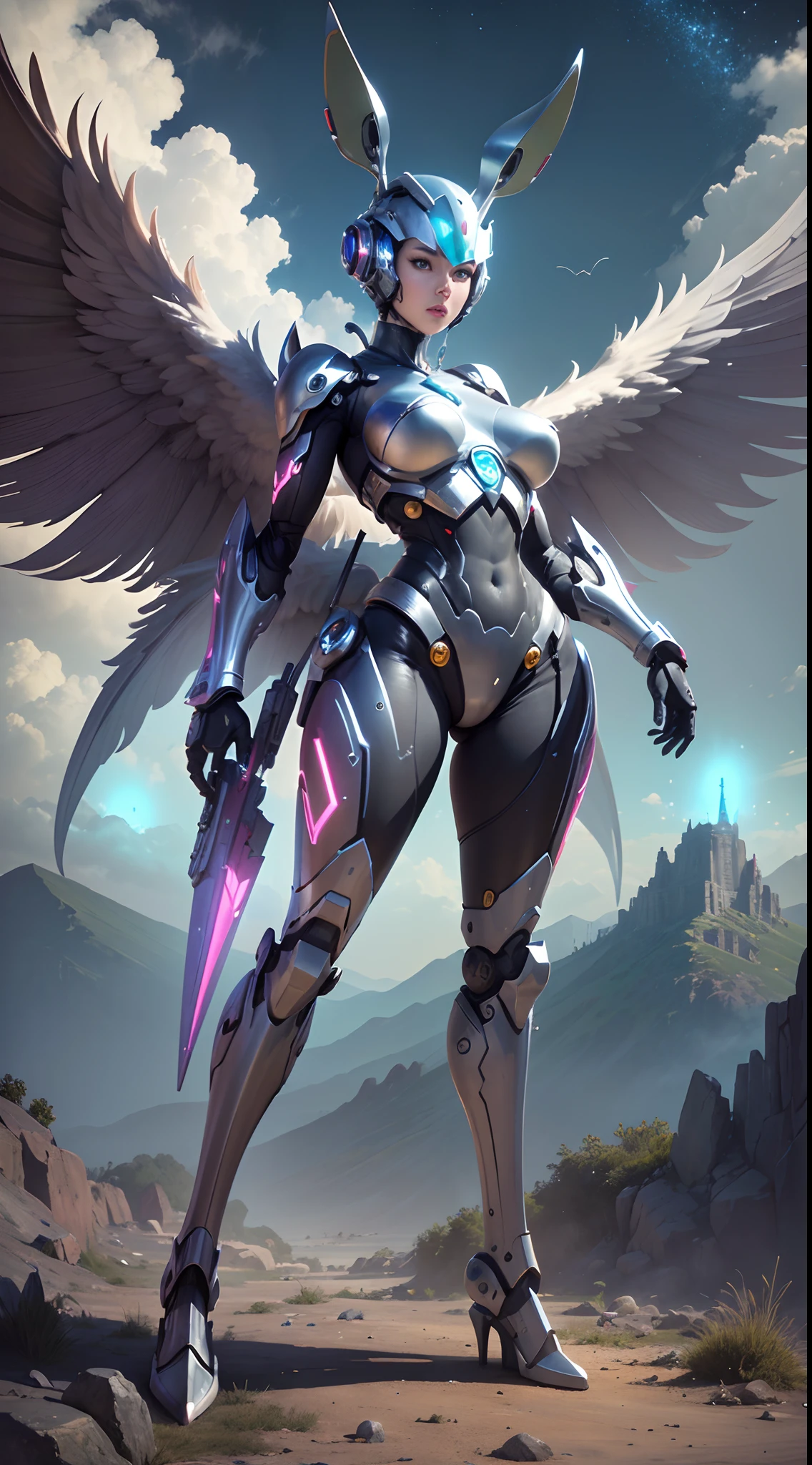 (best quality,highres),giant robot towering over a planet with its wings spread wide, in the vastness of space. The robot is intricately detailed with shining metallic armor, giving it a divine and majestic appearance. It holds a powerful weapon in its hand, emitting a bright and dazzling light. The scene is a breathtaking combination of science fiction and reality, where the robot represents the epitome of power and invincibility. Its wings gracefully catch the cosmic rays, creating a mesmerizing spectacle. The lighting in the scene is atmospheric and accentuates the cosmic ambiance. The color palette is dominated by deep blues and purples, with contrasting vibrant tones to enhance the overall visual impact.