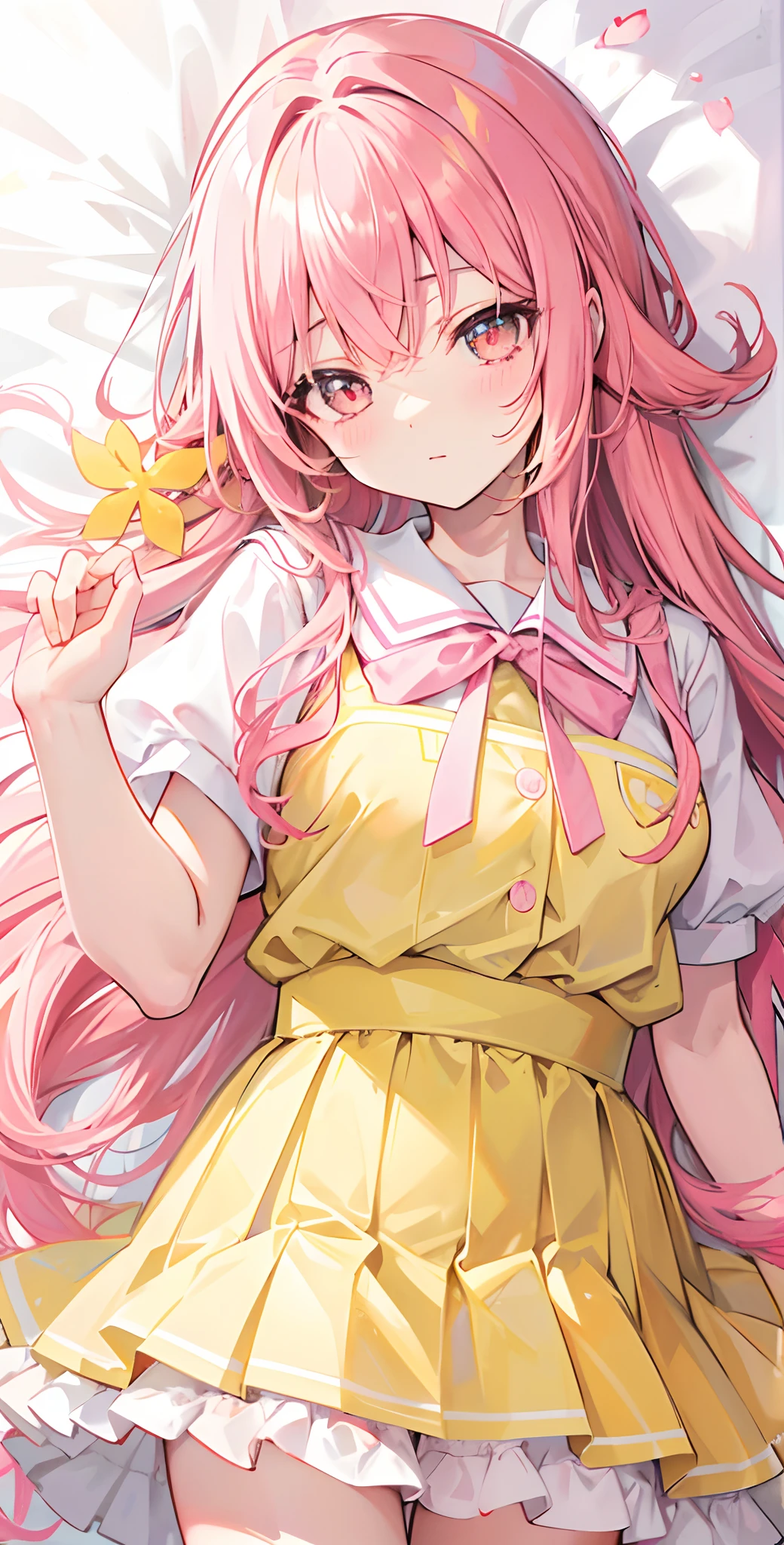 Glowing light pink yellow with hair and pupils,School uniforms in pink, yellow and white,Sweet loli girl,The whole is shining