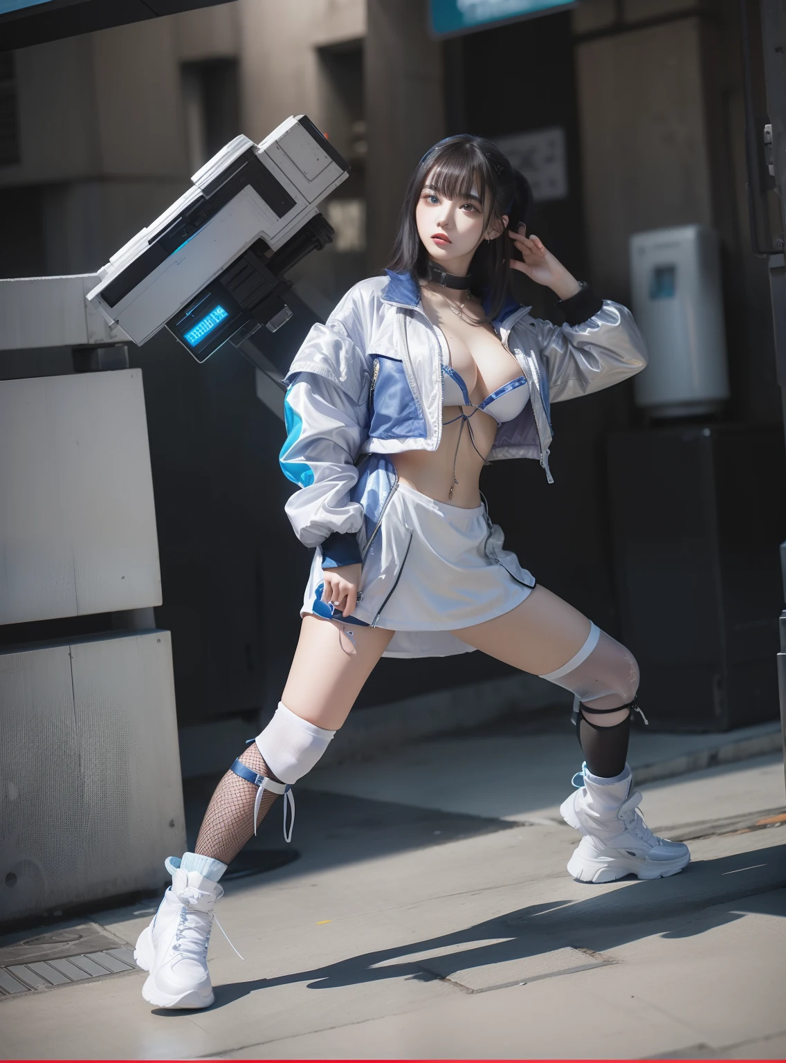 Young woman in cyberpunk fashion、Good Style、Mesh hair、White short dress(Shiny Blue Line)、Idol face、large full breasts、white jaket、knee sox