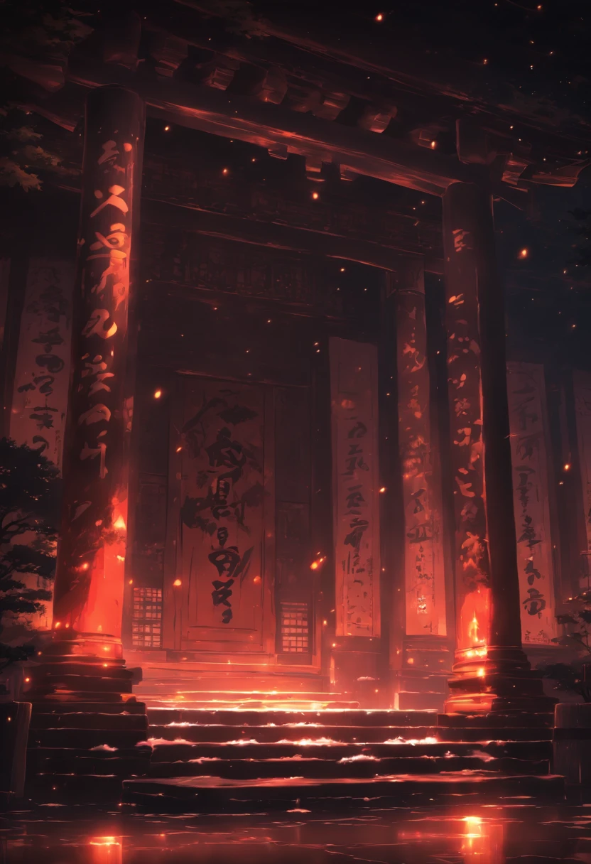 Anime background, temple, dark, ambient light, monochrome, cold outside, warm, room, wide, wide shot, composition