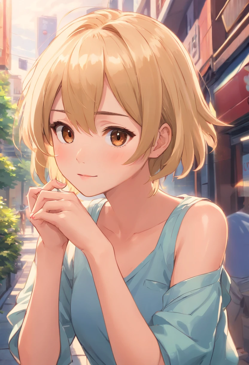 Woman with short blonde hair, Age about 30 years, Ultra-realistic 4K style photos, nail art, Brown eyes, Super charm.