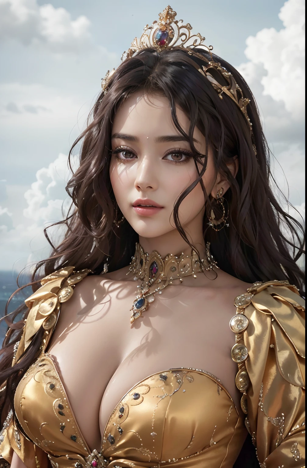 Absurd, ultra-detailed, high quality, masterpiece, detailed face, beautiful eyes(detailed eyes), Greek mythology, Goddess, Hera , the queen of the gods, striking and captivating, features are classically beautiful, with high cheekbones, a perfectly proportioned face, eyes depicted as large and captivating, hold an intense gaze, golden hair , Gole hair is luxuriant and flowing, cascading down her back in waves , wearing elegant robes adorned with intricate patterns , Her beauty is not merely superficial but embodies the essence of power, authority, and regality.