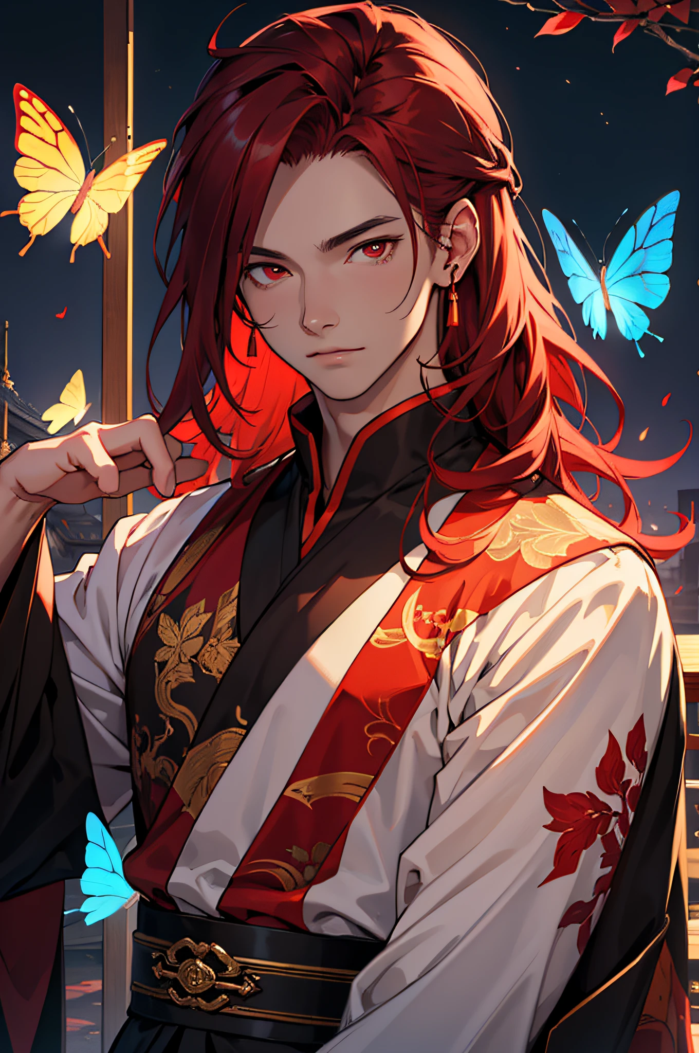 ((masterpiece)), (((best quality))), ((extrem details)), HDR, ((one man)), long dark red hair, red eyes, white glowing butterflies, night, old chinese clothing