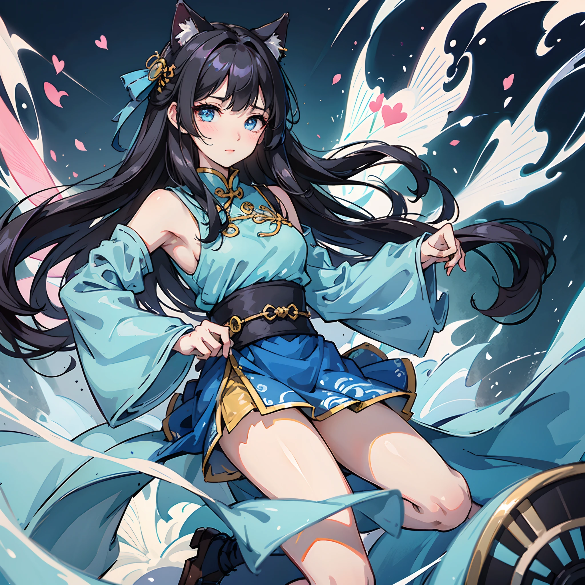 best qualtiy,tmasterpiece,quadratic element,1girll,Black hair, Blue eyes ,ssmile,on cheongsam,It has Jiangnan water town elements,Fair complexion,medium boob,full bodyesbian,cat ear,teardrop,Blushlush,tiny mouth,Bangs flutter in the wind,Purifies skin --auto
