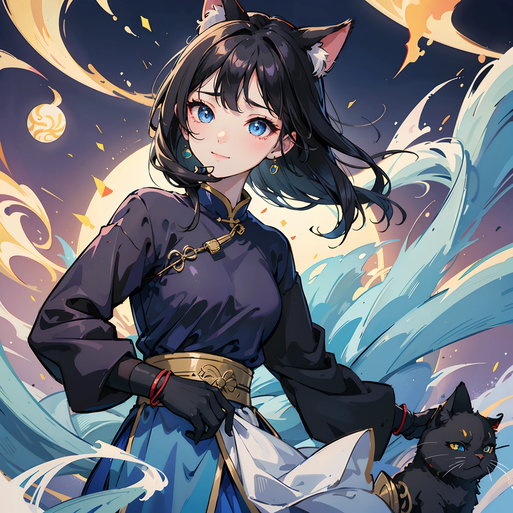 best qualtiy，tmasterpiece，quadratic element，1girll，Black hair， Blue eyes ，ssmile，on cheongsam，It has Jiangnan water town elements，Fair complexion，medium boob，full bodyesbian，cat ear，teardrop，Blushlush，tiny mouth，Bangs flutter in the wind，Purifies skin --auto