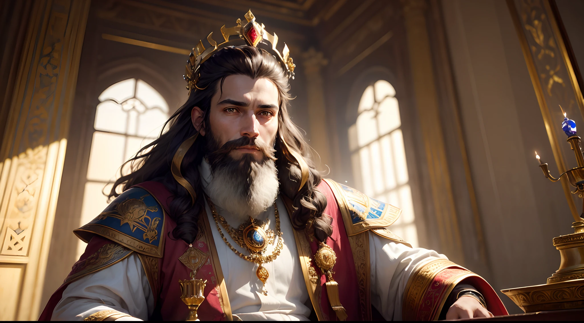 8k portrait of King Solomon, with medium beard, (dark brown hair and beard), brown eyes, dressed in white and red tonic, ((with a king's crown on his head with 12 precious stones of different colors)), intricate, elegant, highly detailed, majestic, digital photography, art by artgerm and ruan jia and greg rutkowski surreal painting, background an interior of a super detailed palace (masterpiece, Side lighting, beautiful finely detailed eyes: 1.2), HDR