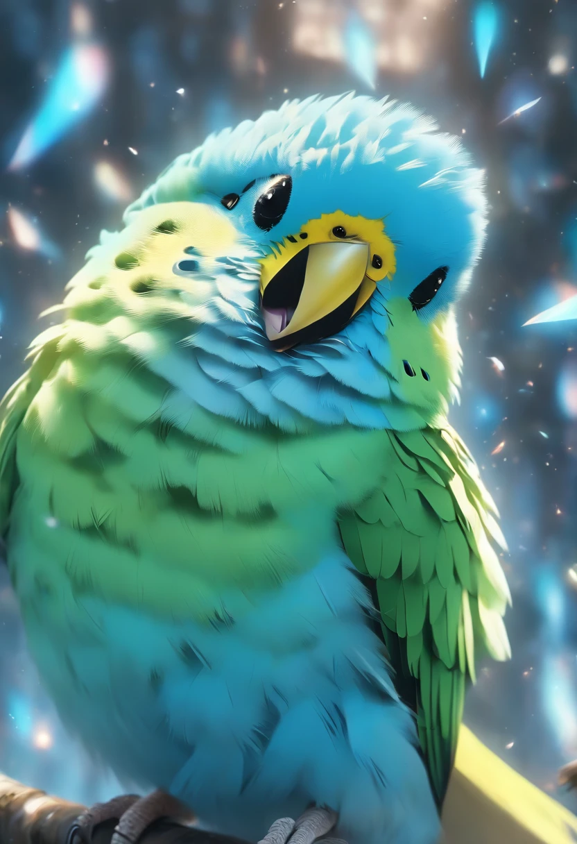 A singing budgerigar with blue feathers, round and cute black eyes, and beautiful subtle color tones. The budgerigar is exquisitely detailed and its feathers are of the highest quality. The artwork is ultra-detailed, capturing every intricate detail of the budgerigar's feathers and features. The lighting is soft, creating a gentle and serene atmosphere. The image is rendered in high resolution (4K, 8K) to showcase the masterpiece in all its glory.