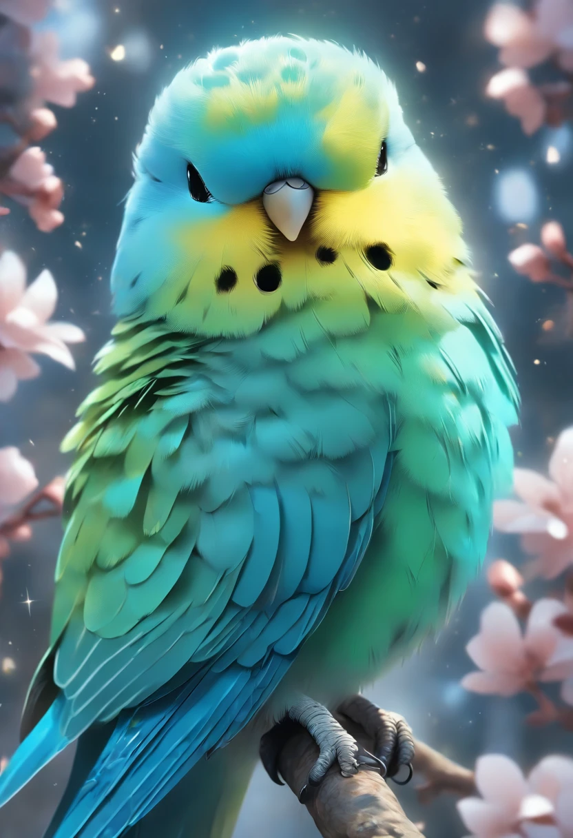 A singing budgerigar with blue feathers, round and cute black eyes, and beautiful subtle color tones. The budgerigar is exquisitely detailed and its feathers are of the highest quality. The artwork is ultra-detailed, capturing every intricate detail of the budgerigar's feathers and features. The lighting is soft, creating a gentle and serene atmosphere. The image is rendered in high resolution (4K, 8K) to showcase the masterpiece in all its glory.
