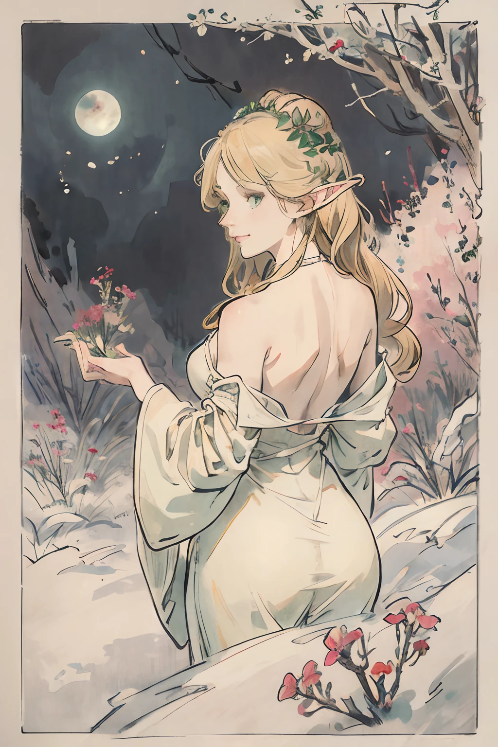 SFW,masutepiece, Best Quality, High resolution, 1girl in, Full body, Details Girl, detail hands, Detail fingers, Detail Face, detail legs, 1girl in, elf, Looking down, Flower Garden, Black sky, smog, watercolor paiting, pale skin, Petite, Blonde hair, Long hair, Wavy Hair, saddened, mournful smile, Green eyes, tareme, medium breasts, white sundress, Bare back, Planting trees