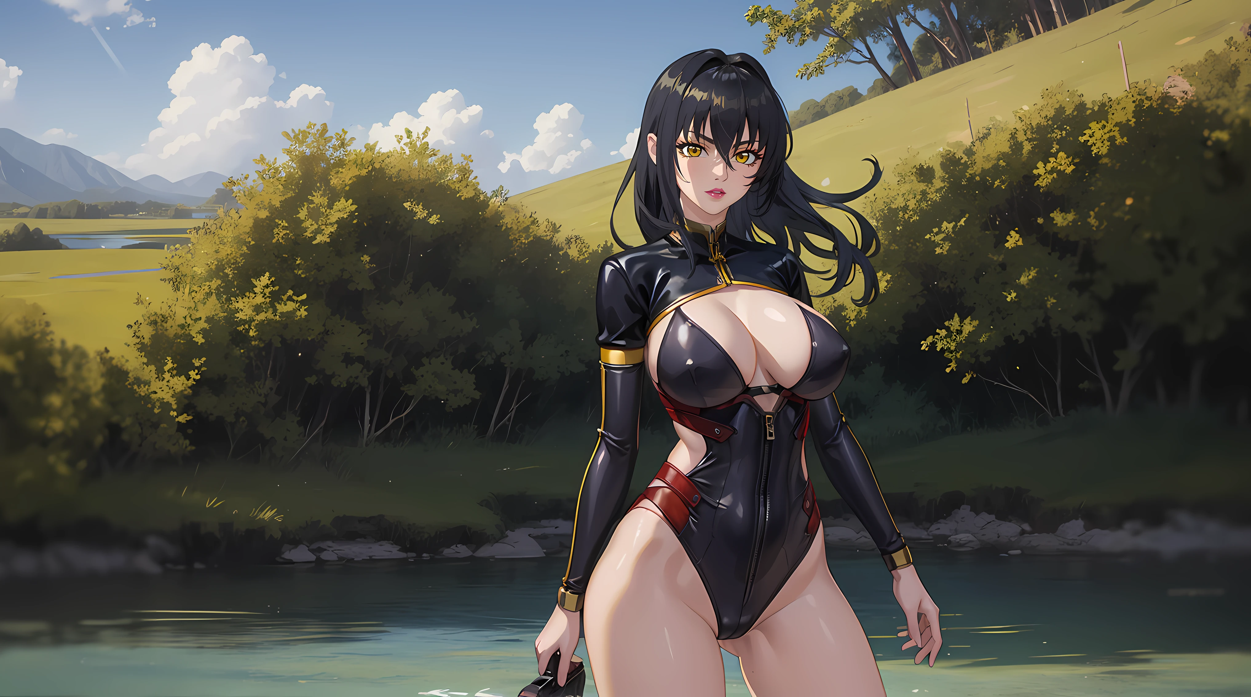 (masterpiece:1.4),(best quality:1.4), soft lighting, sunny light, beautiful face, beautiful eyes, cowboy shot,
Annerose, 1girl, solo, female mature, black hair, long hair, (yellow eyes:1.4), large breasts, slingshot bikini, skin tight, hair intakes, covered breasts, exquisite eyes detail, exquisite character design unity details 8k hdr, professional art, landscape, (solo:1.5, 1girl:1.4, cowboy shot:1.5), day, stand in the middle of lake surrounding by waterfall natural, sexy body, milf, 35 years old girl, big thighs, sexy waist, fully covered breasts