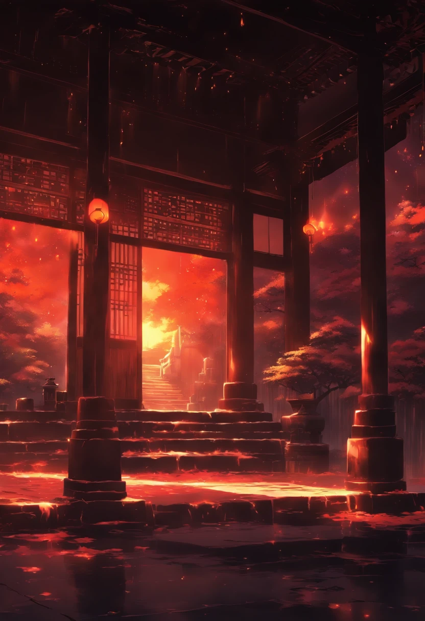 Anime background, temple, dark, ambient light, monochrome, cold outside, warm, room, wide, wide shot, landscape, interior