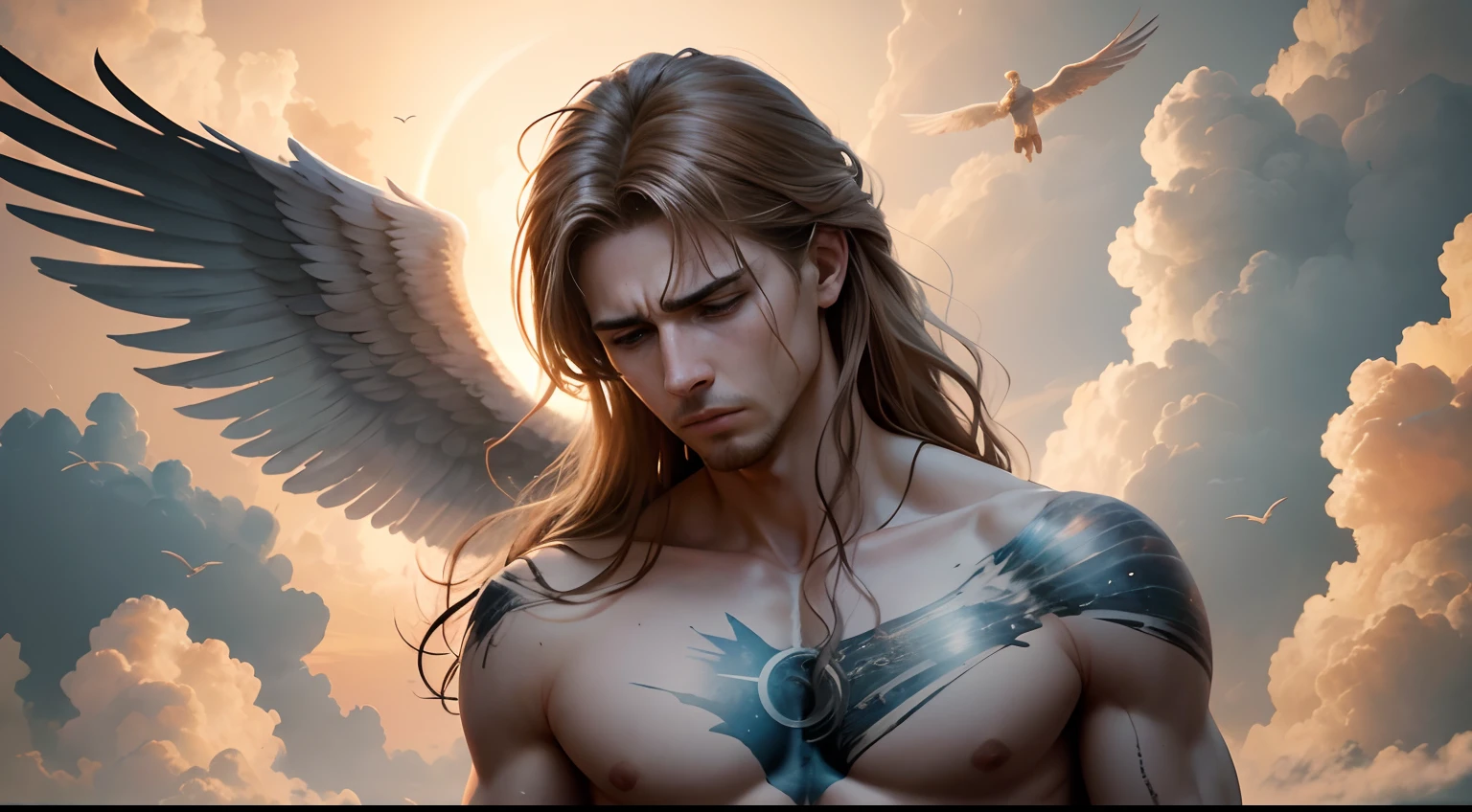 Lucifer, male body, angel with male face, six wings, nude, long unkempt orange hair, male, highly detailed, intricate details, dramatic lighting, cinematic atmosphere, vivid color, masterpiece, photorealistic, 8k, ultra-detailed, surreal, dramatic pose, powerful, mystical, amazing, glowing, sacred, celestial, sacred, mythical, fantasy, epic, movie, chiaroscuro lighting, dramatic shadows, volumetric lighting, depth of field, bokeh, beautiful lake