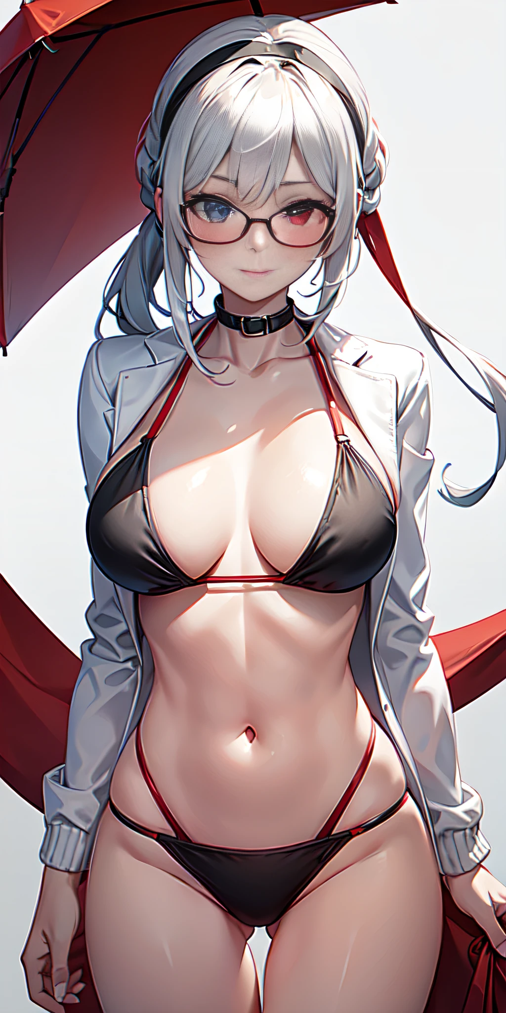 Lucia_crimson_color_Knitting, heterochromia, black bikini, bandaged arm, white jacket, red glasses around neck, looking at viewer, upper body