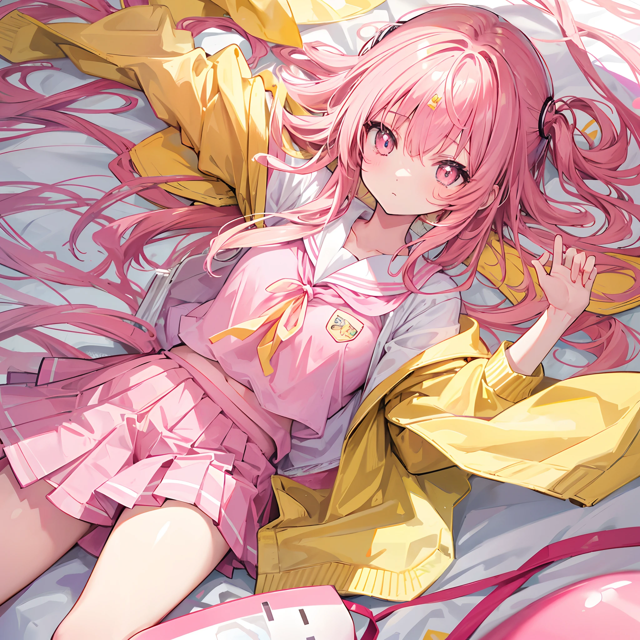 Glowing light pink yellow with hair and pupils,School uniforms in pink, yellow and white,Sweet girl,The whole is shining