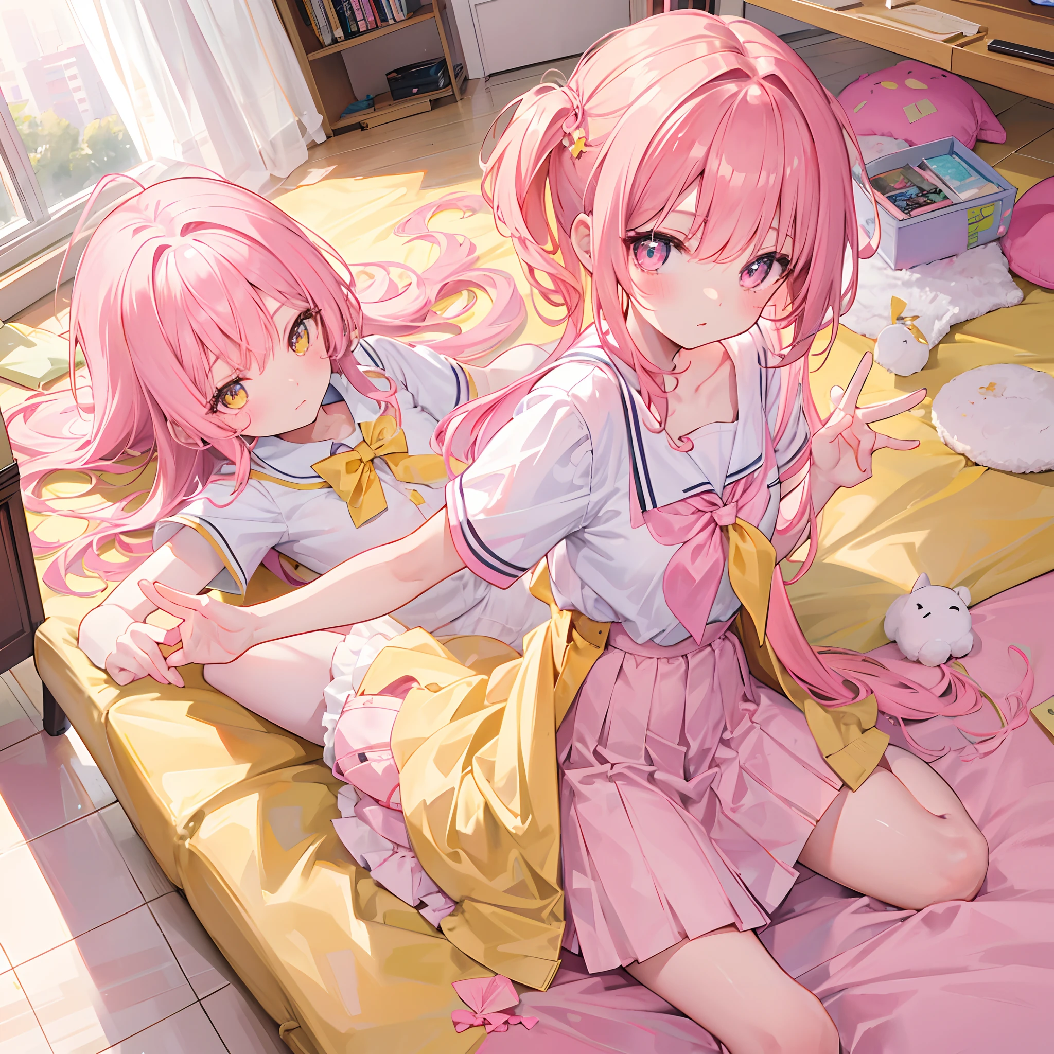 Glowing light pink yellow with hair and pupils，School uniforms in pink, yellow and white，Sweet loli girl，The whole is shining