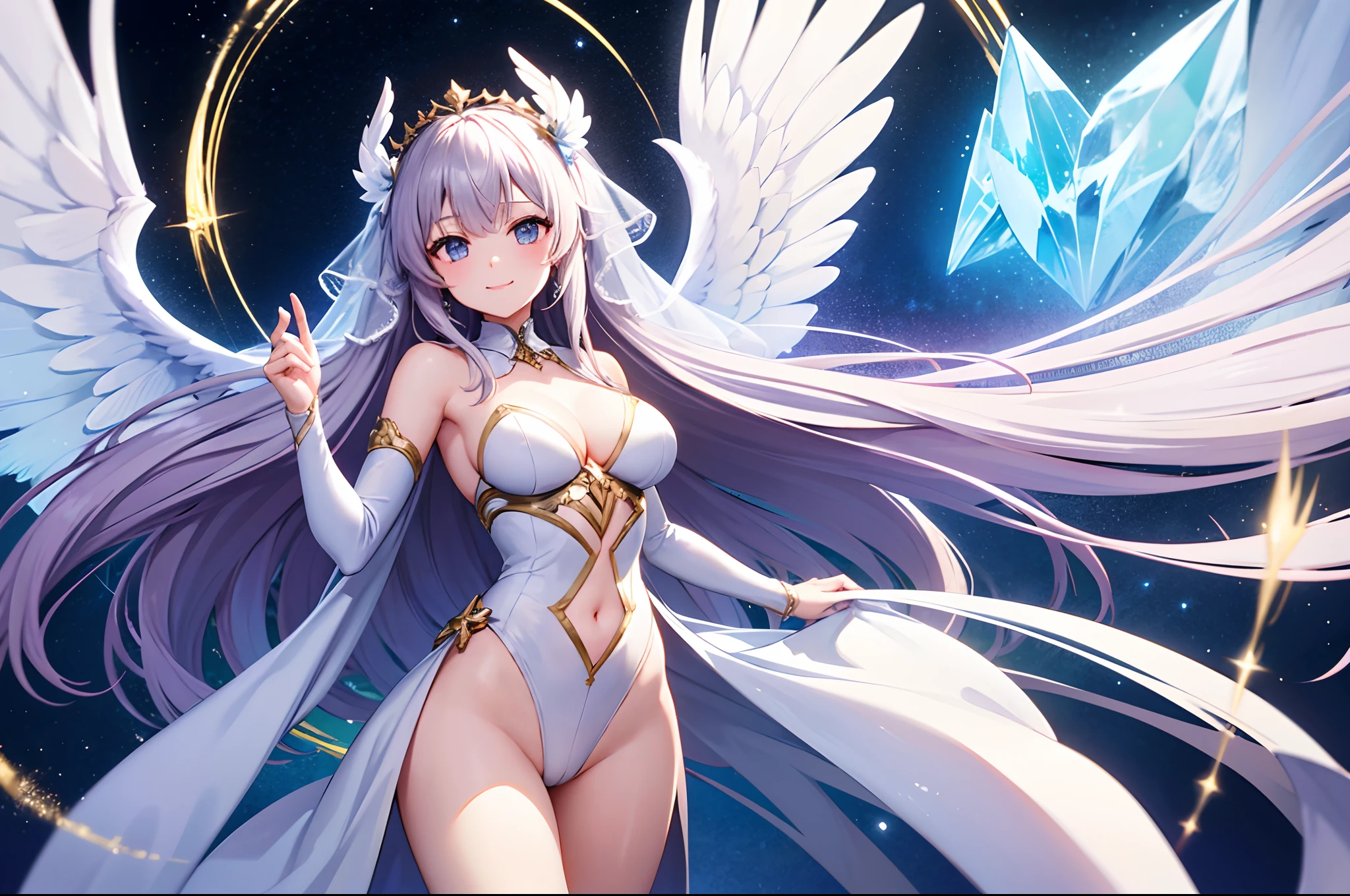 Beautiful girl with light blue long hair angel against the background of vast landscape photo、Twin-tailed、A charming smile、white leotard、White veil is flowing、On the back, Big big wings, Two on each side、for the background、Aura and Crystal Brilliant、fantasy worlds、